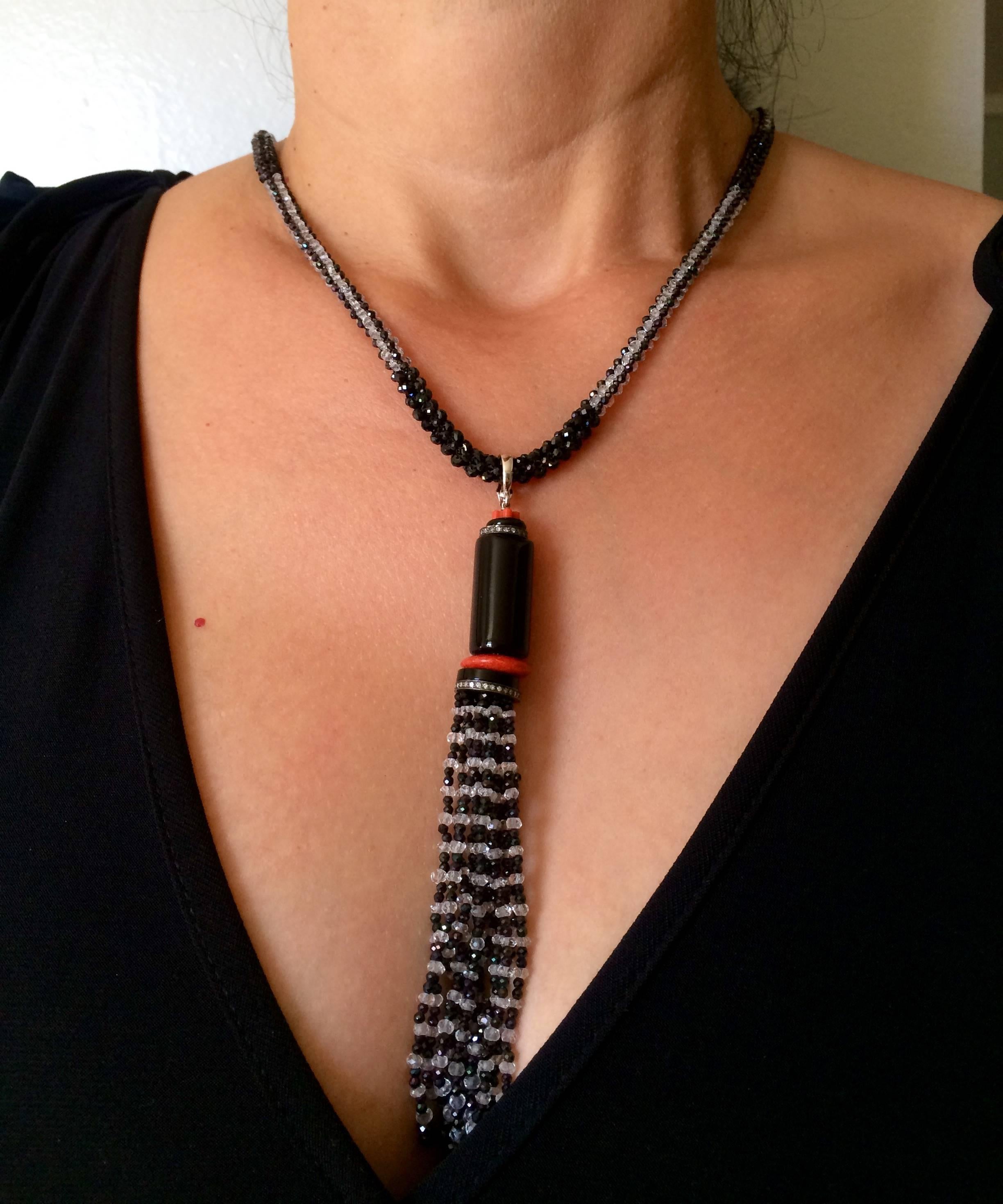 Black Spinel, White Topaz, Onyx, and Coral Sautoir with Diamond Encrusted Tassel 5