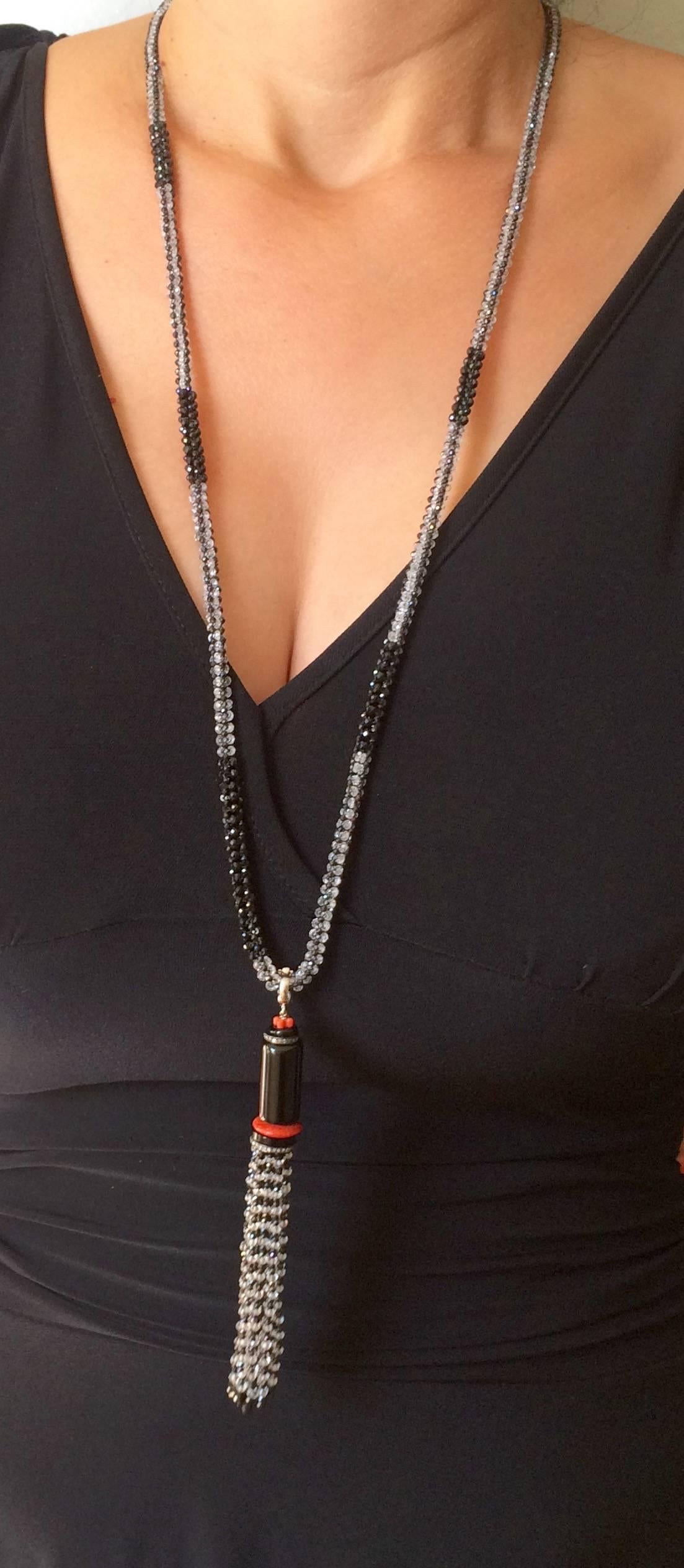 Women's Black Spinel, White Topaz, Onyx, and Coral Sautoir with Diamond Encrusted Tassel