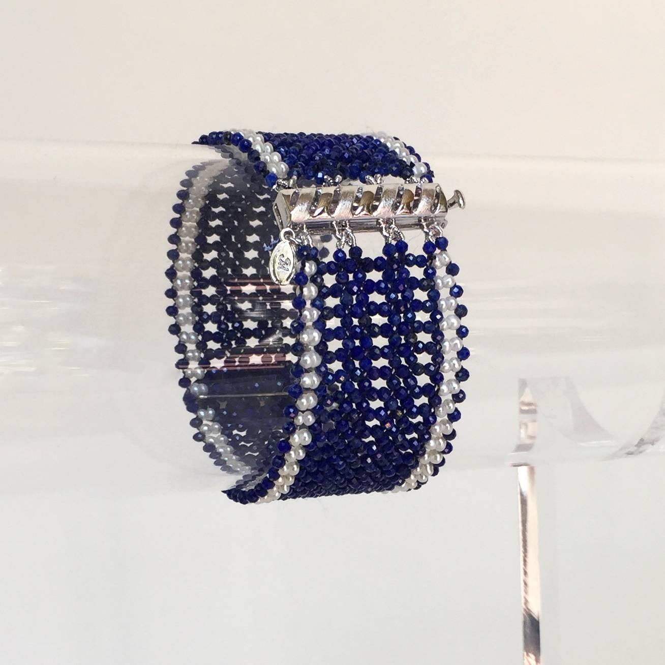 Artist Marina J. Woven Pearl and Lapis Lazuli Bracelet with Vintage Enamel Centerpiece