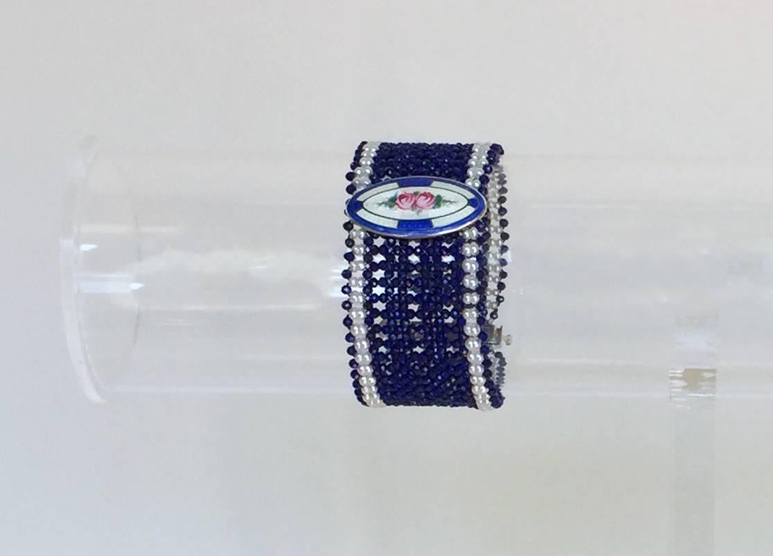 Bead Marina J. Woven Pearl and Lapis Lazuli Bracelet with Vintage Enamel Centerpiece