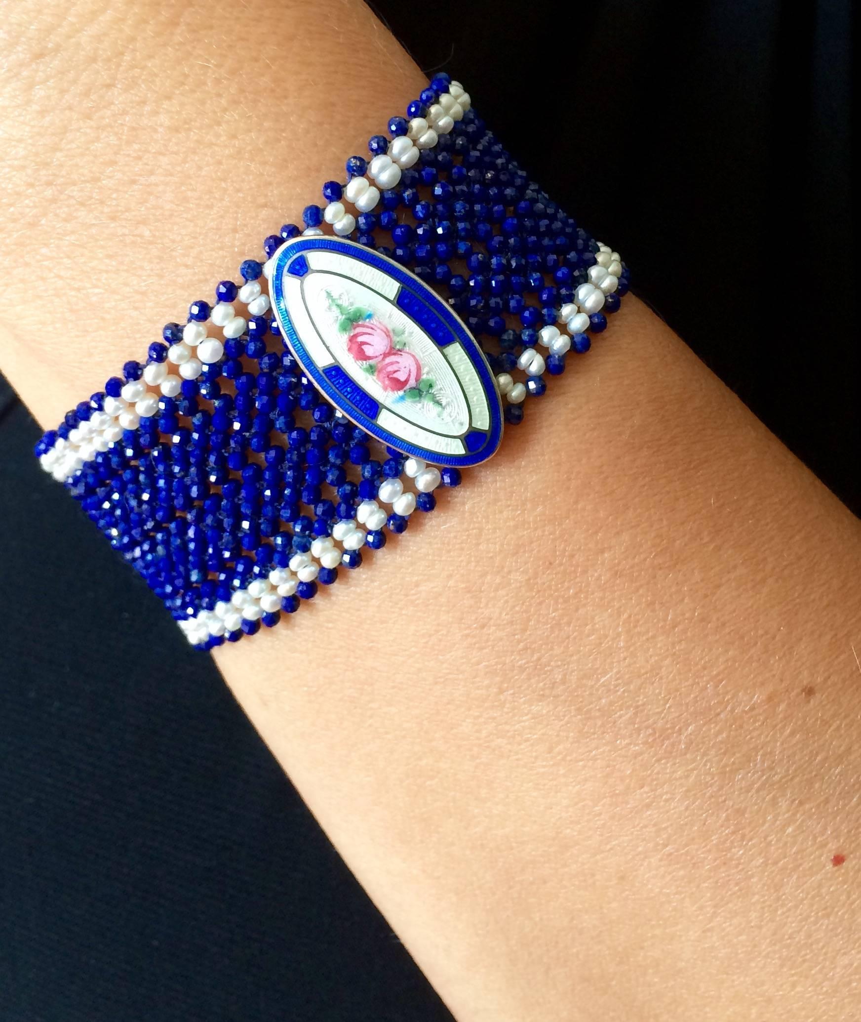 Marina J. Woven Pearl and Lapis Lazuli Bracelet with Vintage Enamel Centerpiece In New Condition In Los Angeles, CA