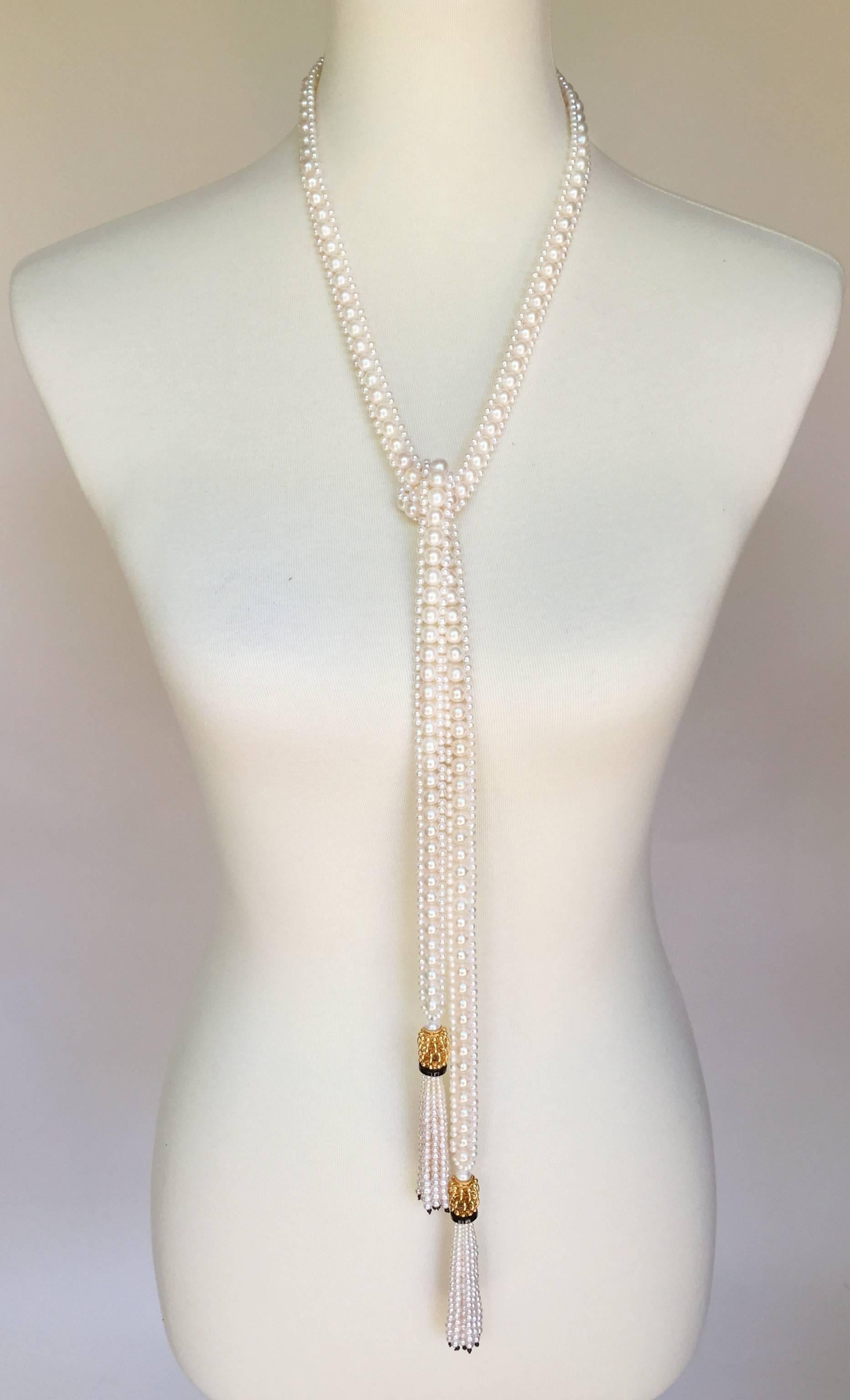 Artist White Woven Pearl Sautoir with Pearl Tassels and Onyx Detailing by Marina J