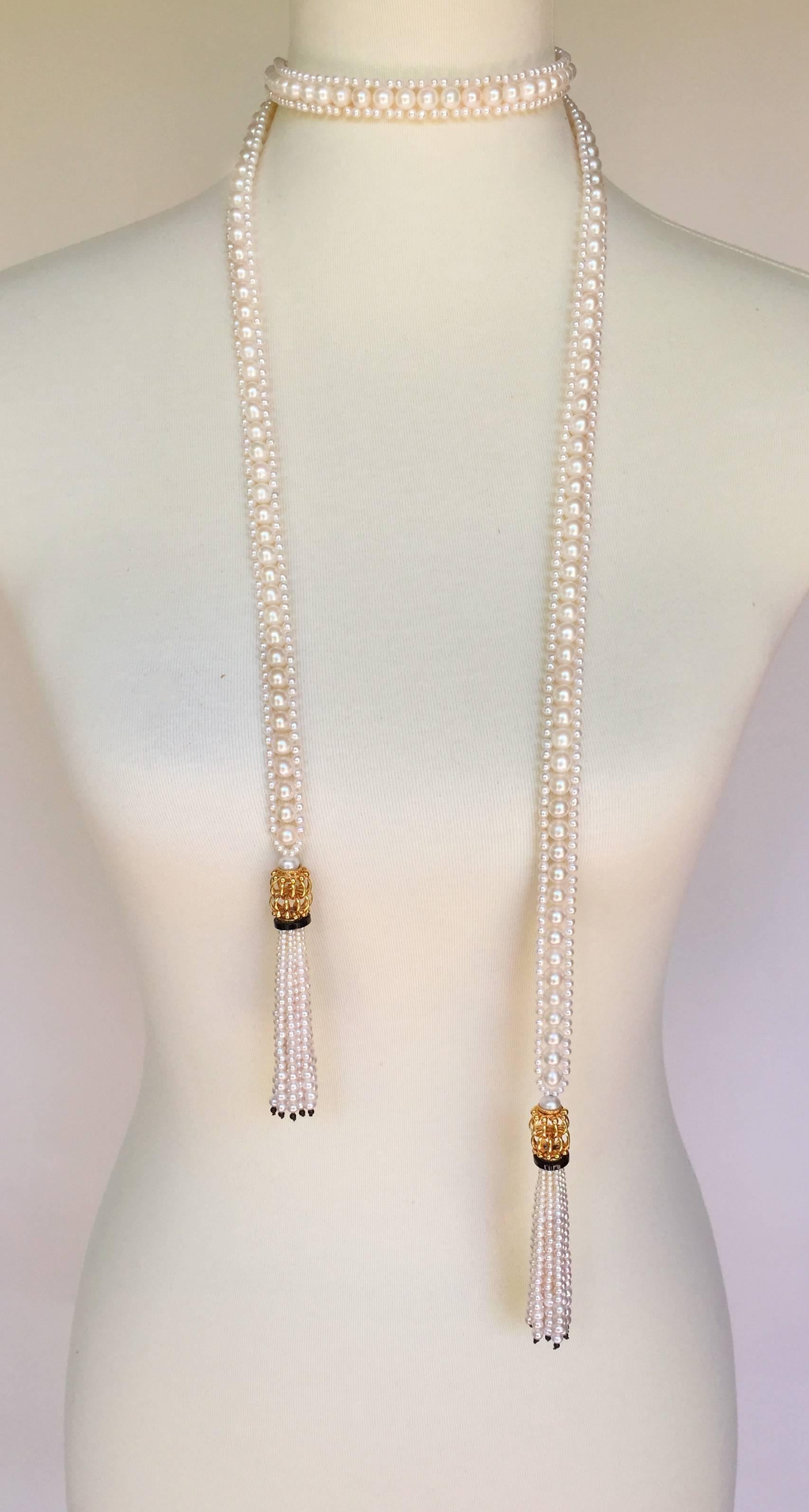 White Woven Pearl Sautoir with Pearl Tassels and Onyx Detailing by Marina J In New Condition In Los Angeles, CA