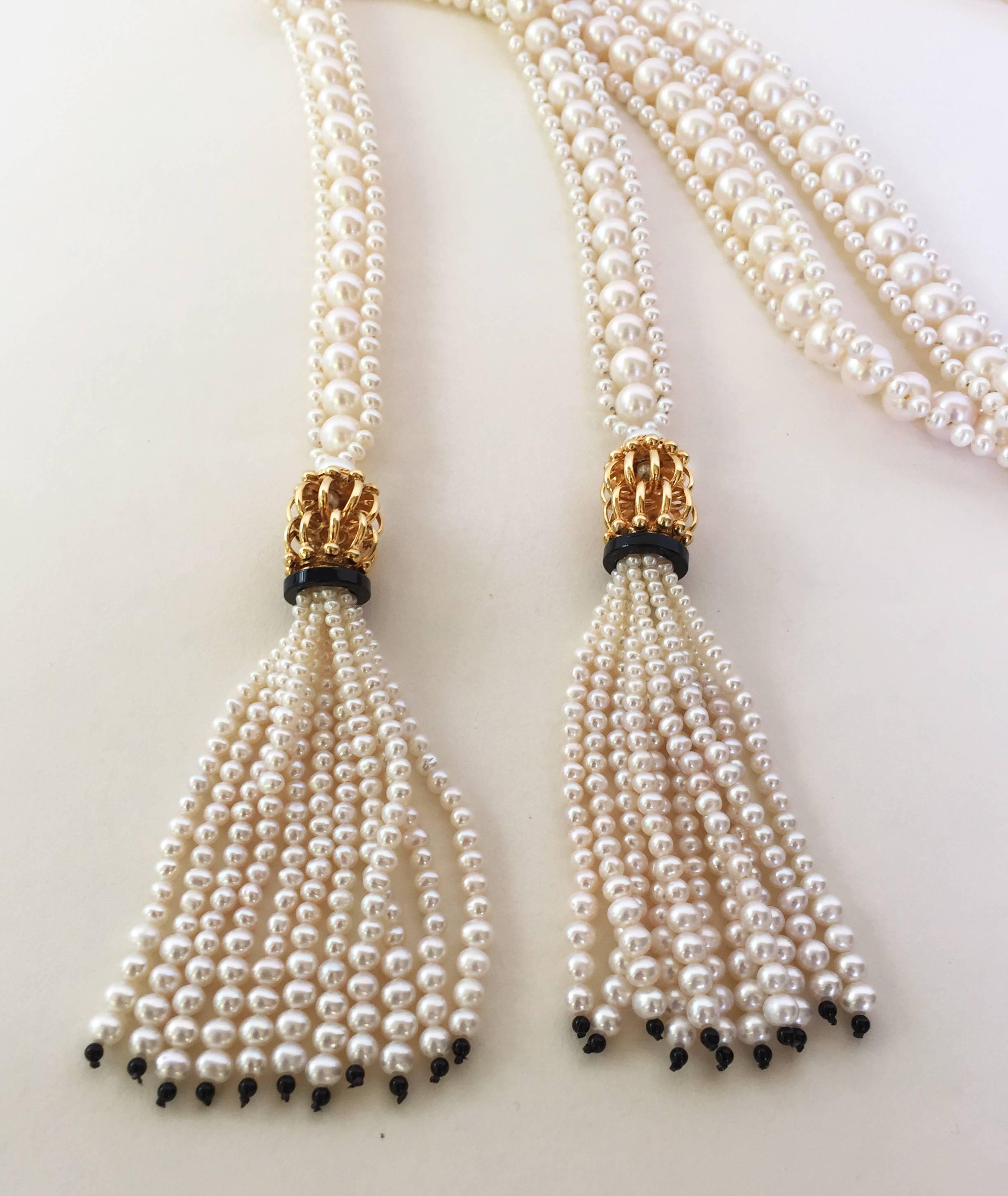 Women's White Woven Pearl Sautoir with Pearl Tassels and Onyx Detailing by Marina J