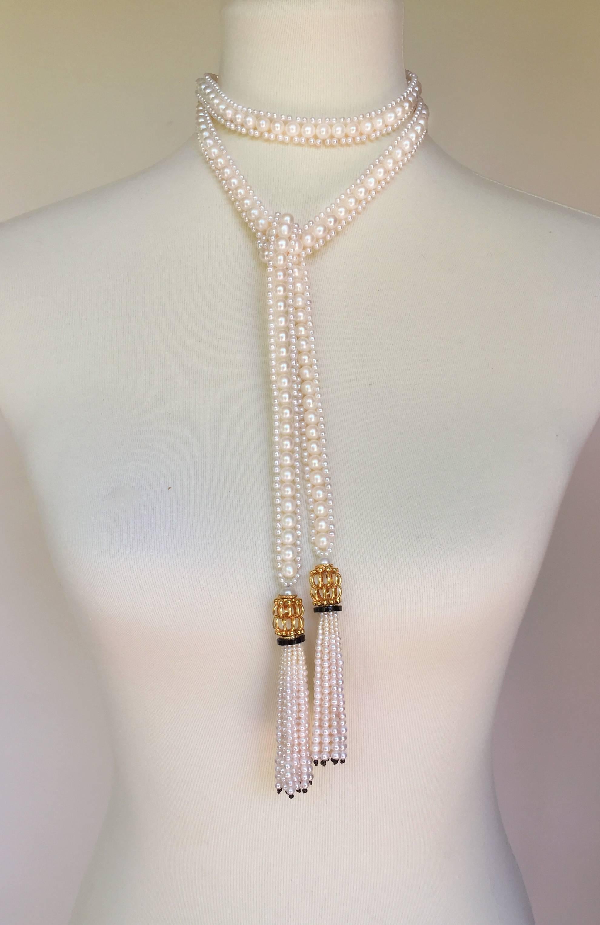 White Woven Pearl Sautoir with Pearl Tassels and Onyx Detailing by Marina J 1