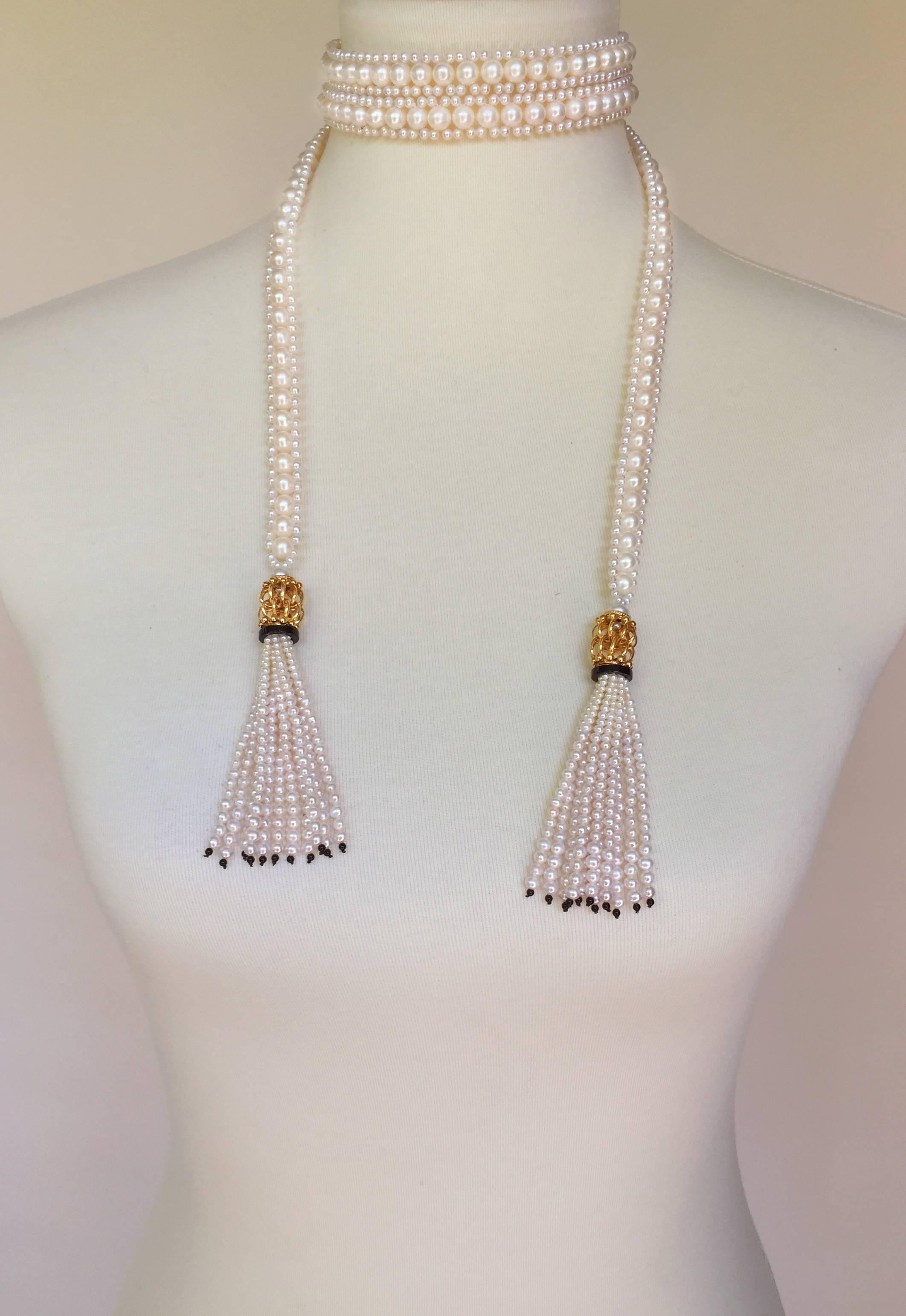 White Woven Pearl Sautoir with Pearl Tassels and Onyx Detailing by Marina J 3