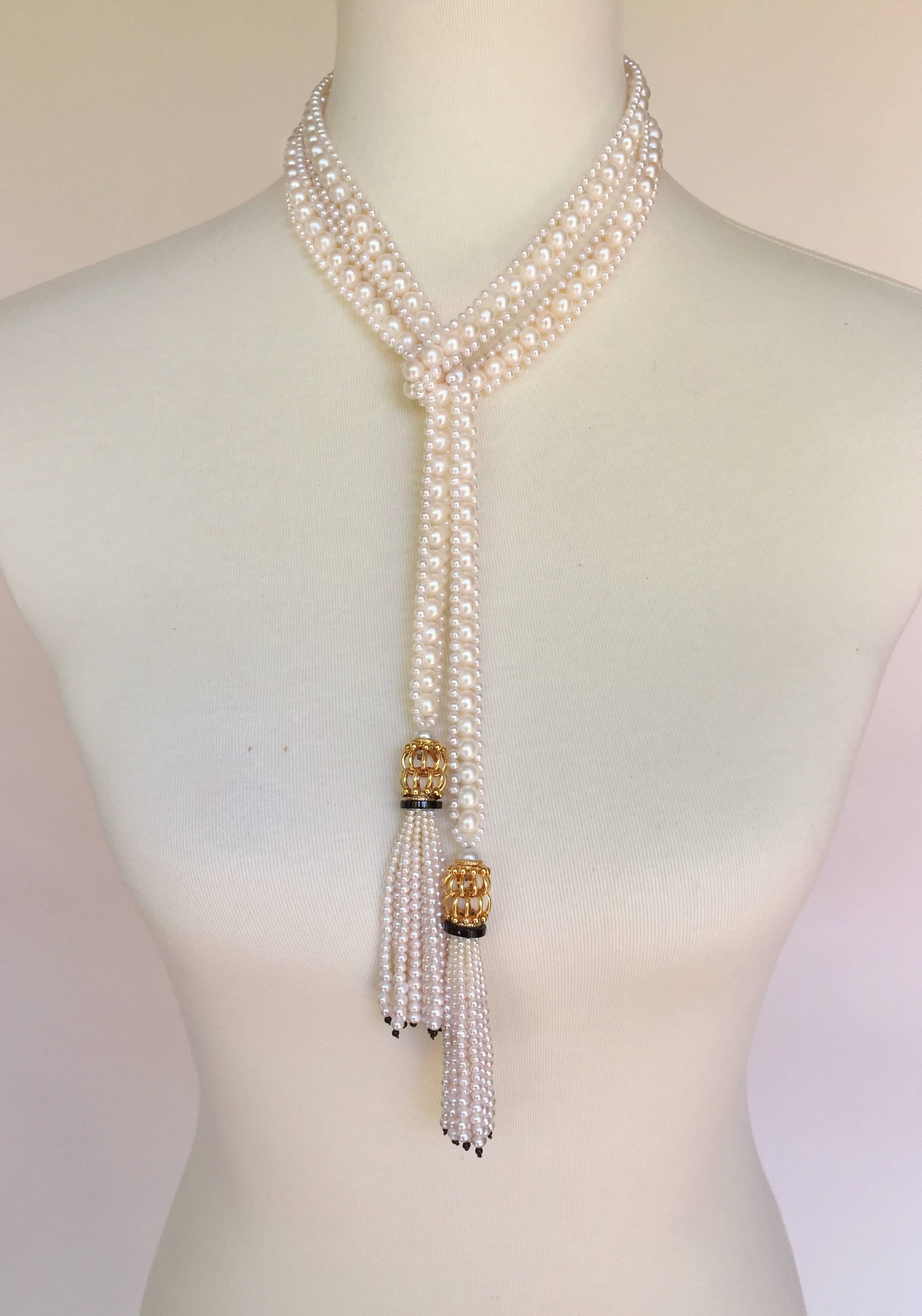 White Woven Pearl Sautoir with Pearl Tassels and Onyx Detailing by Marina J 4