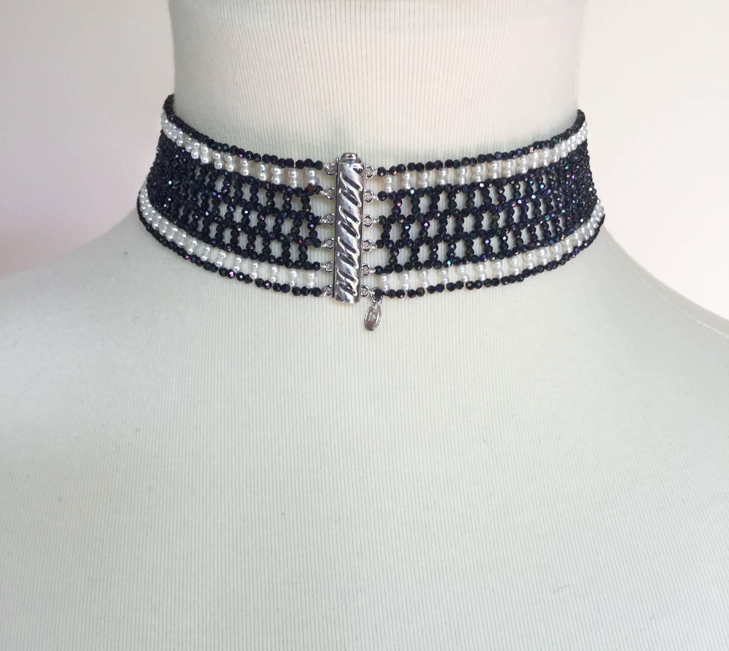 Marina J Woven Black Spinel &White Pearl Choker, Rhodium Plated Silver Pin, Clasp 3