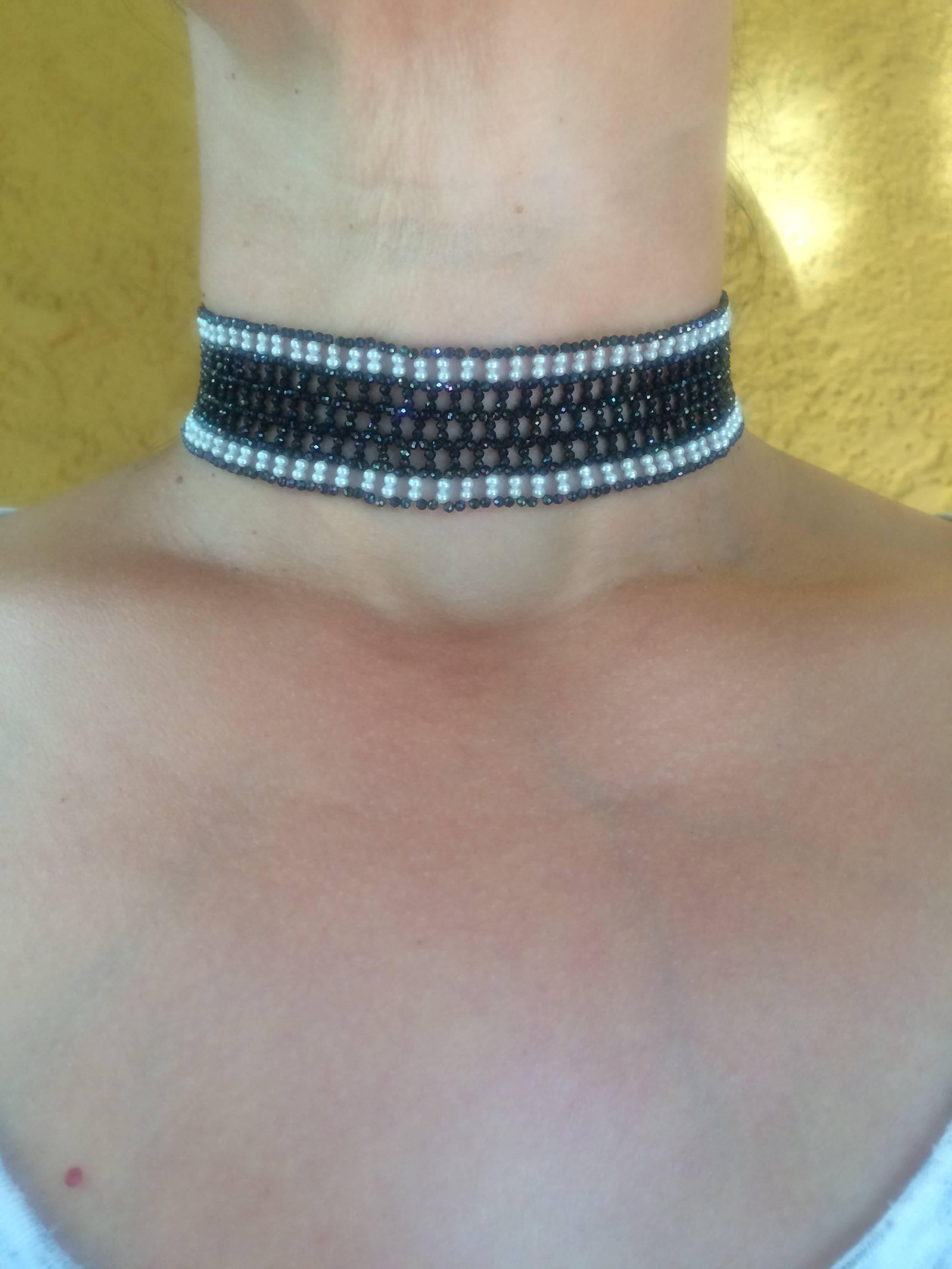 Marina J Woven Black Spinel &White Pearl Choker, Rhodium Plated Silver Pin, Clasp 4