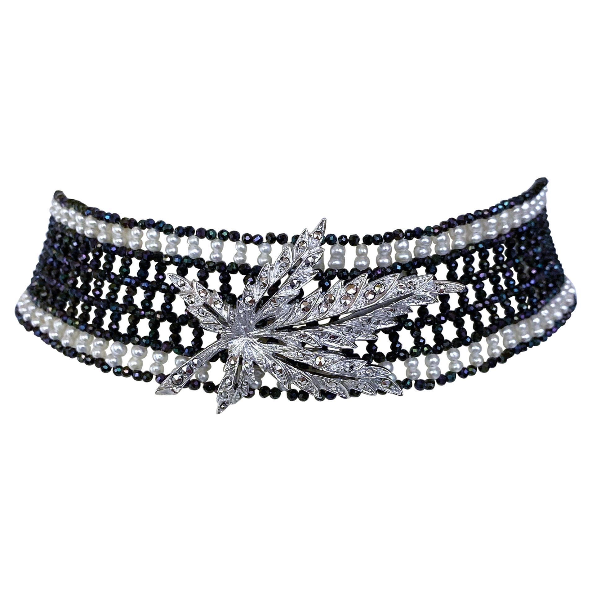 Marina J Woven Black Spinel &White Pearl Choker, Rhodium Plated Silver Pin, Clasp