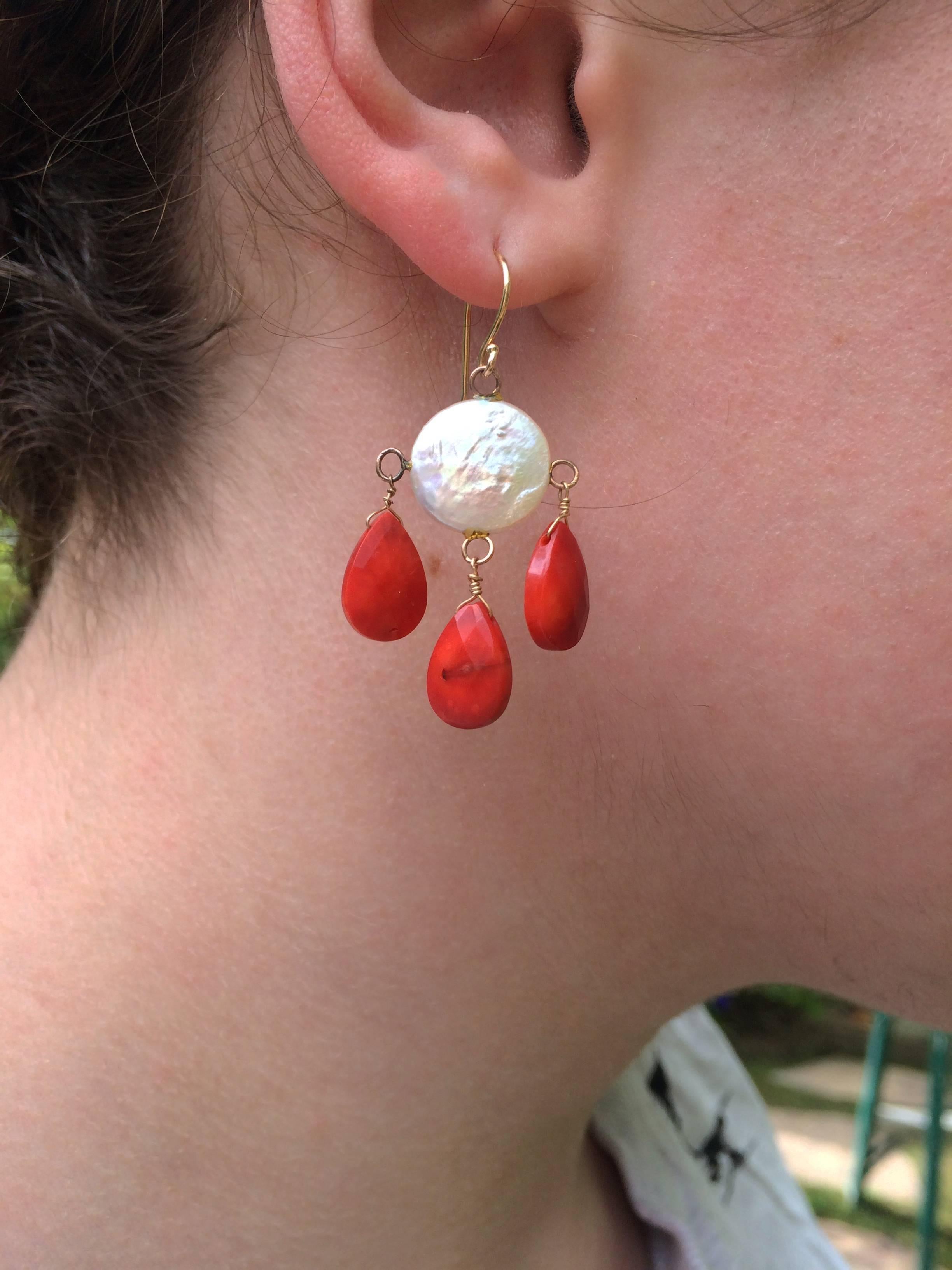 Women's Coin Pearl and Coral Drop Earrings by Marina J