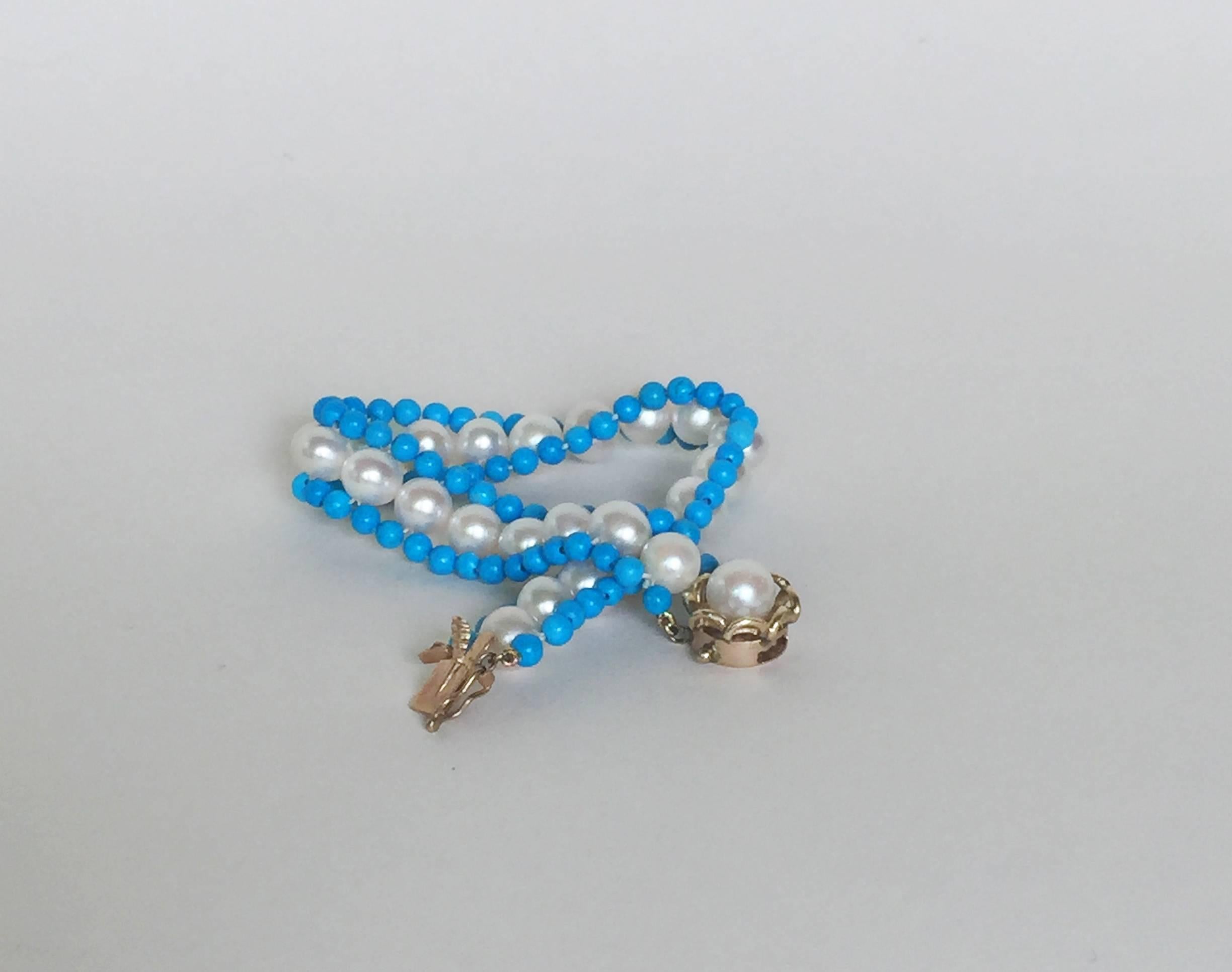 Bead Marina J. Woven Turquoise, Pearl and 14 Karat Yellow Gold Bracelet 