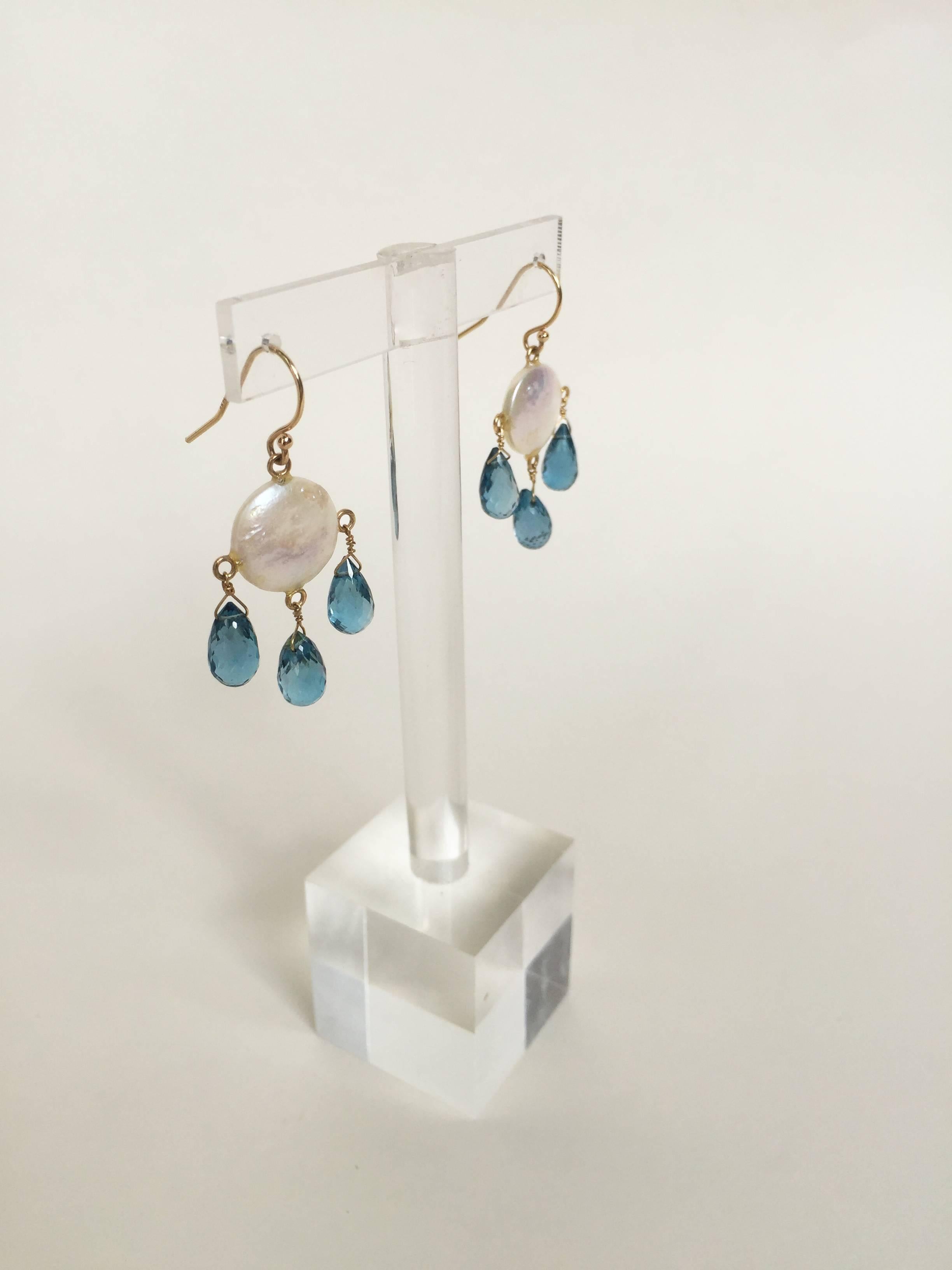 Marina J Coin Pearl, London Blue Topaz Drop Earrings with 14 K Gold Hook  In New Condition In Los Angeles, CA