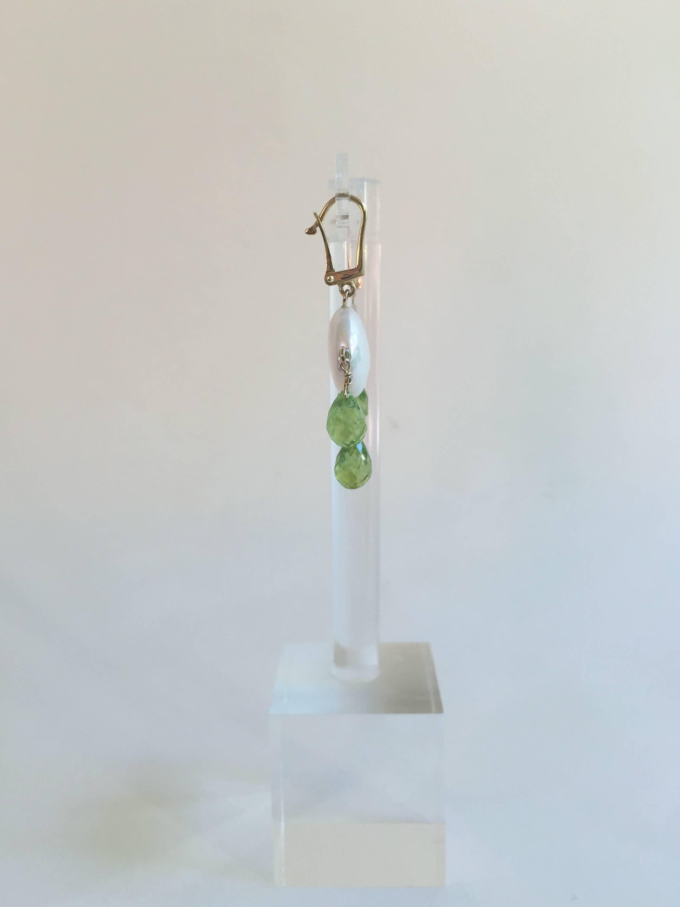 Artist Coin Pearl and Peridot Drop Earrings with 14 Karat Gold by Marina J