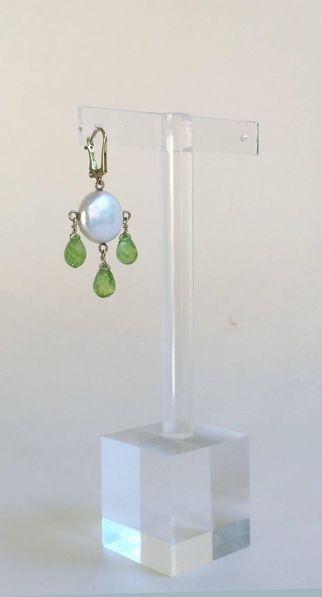Coin Pearl and Peridot Drop Earrings with 14 Karat Gold by Marina J In New Condition In Los Angeles, CA