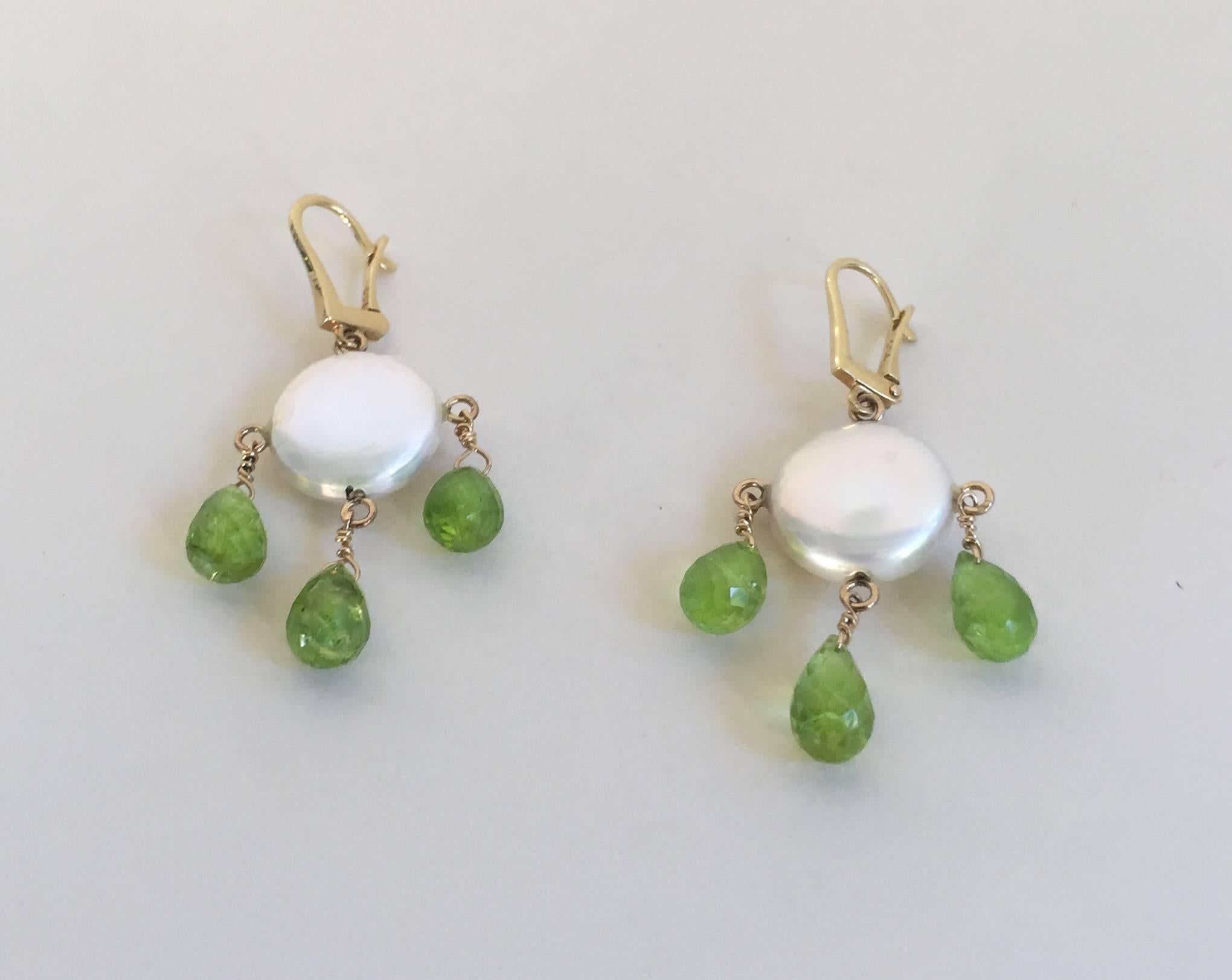 Women's Coin Pearl and Peridot Drop Earrings with 14 Karat Gold by Marina J