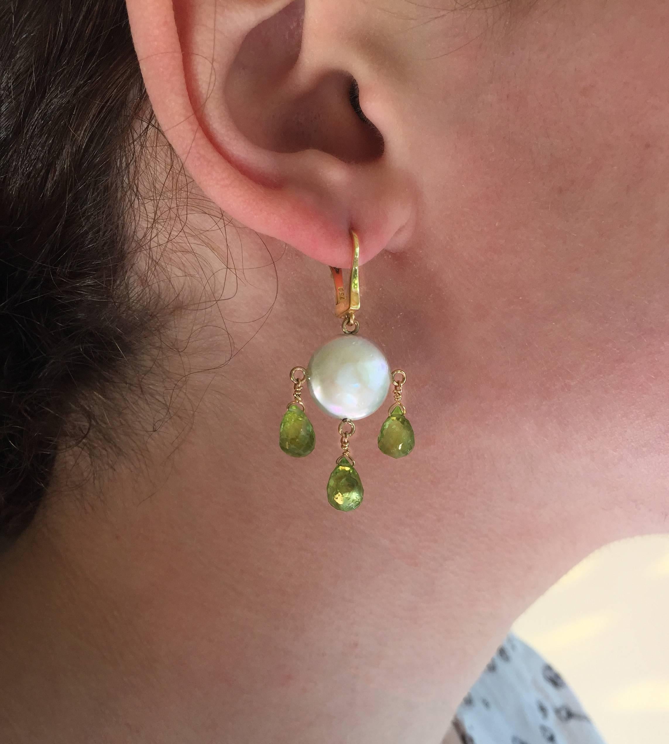 Coin Pearl and Peridot Drop Earrings with 14 Karat Gold by Marina J 1