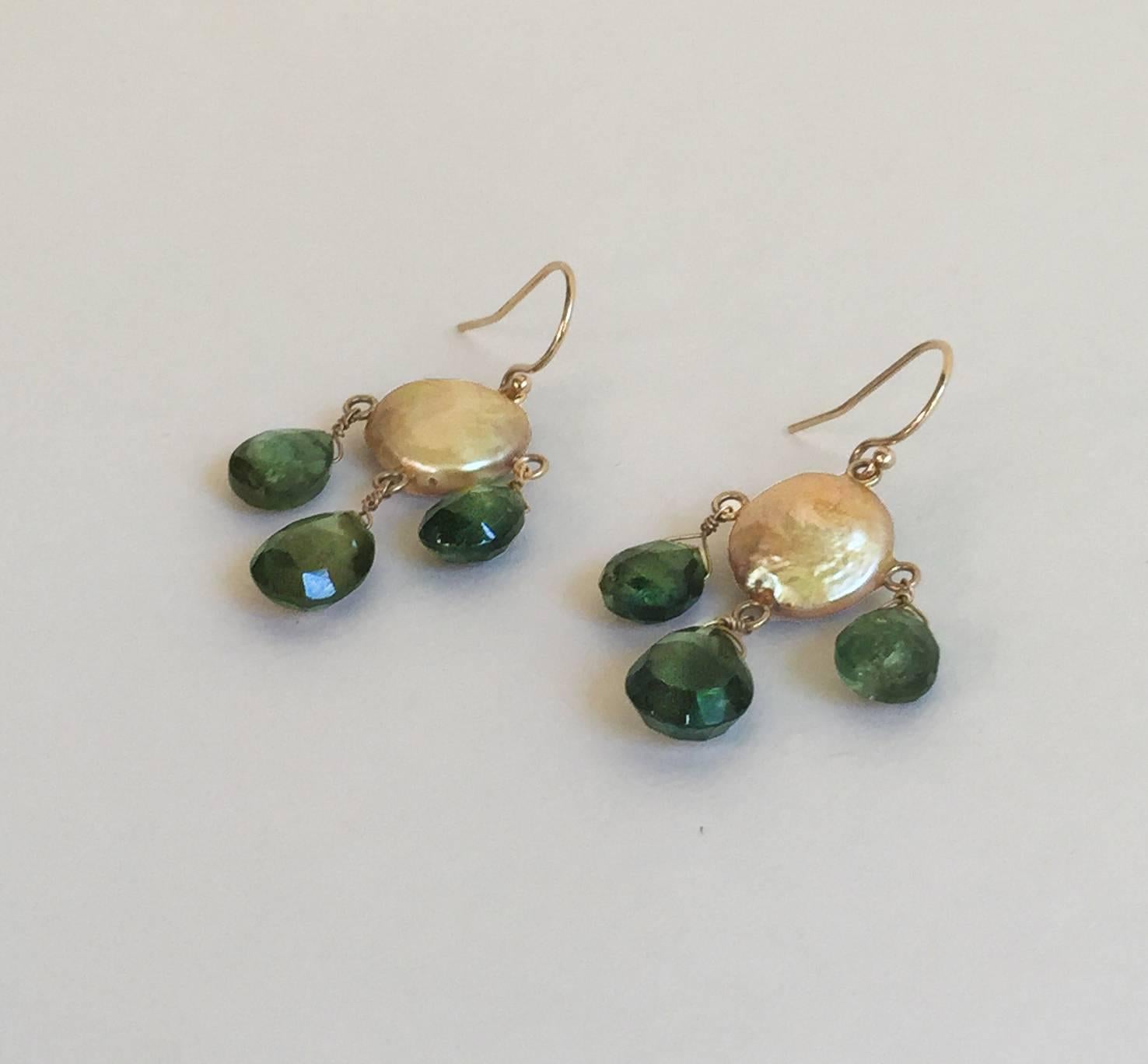Artist Marina J Green Tourmaline Drop and Coin Pearl Earrings with 14K Gold Hooks