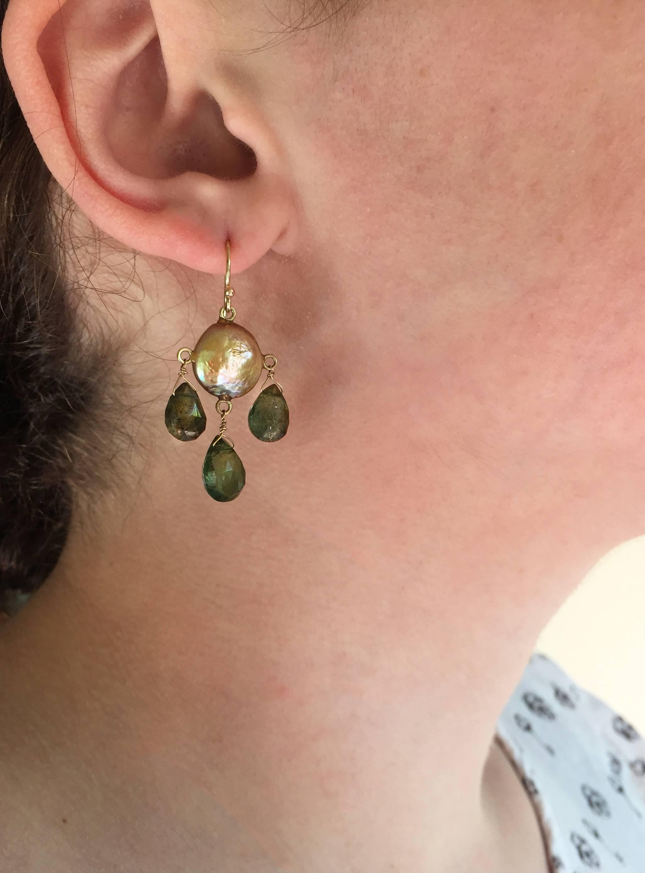 Marina J Green Tourmaline Drop and Coin Pearl Earrings with 14K Gold Hooks In New Condition In Los Angeles, CA