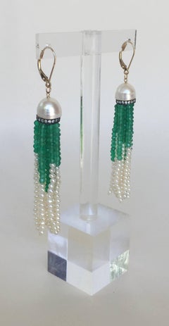 Marina J  Pearl with Diamonds and Green Onyx Tassel Earrings