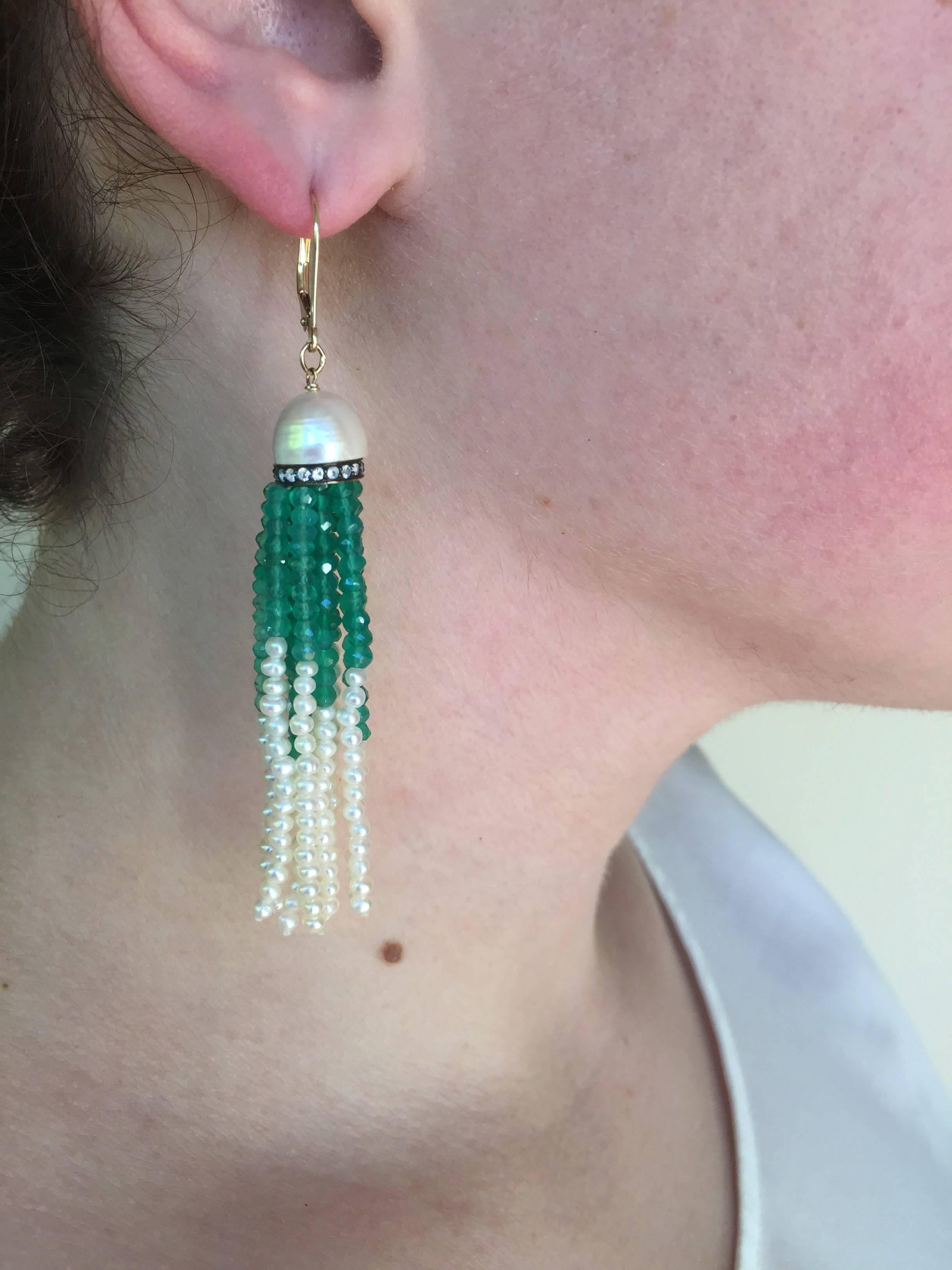 Bead Marina J  Pearl with Diamonds and Green Onyx Tassel Earrings  For Sale