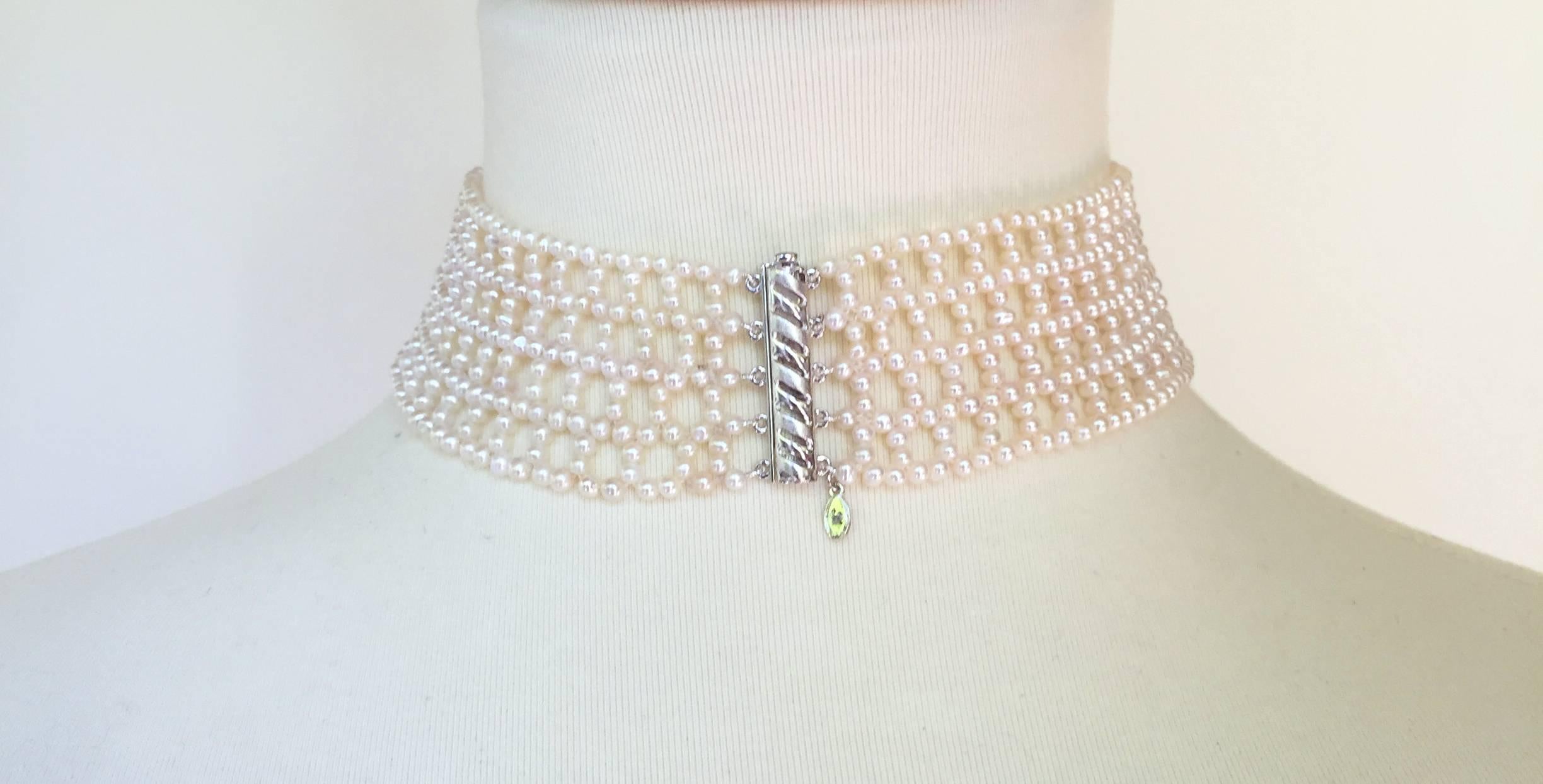 Artist Marina J Wide Woven Pearl Choker with Sterling Silver Rhodium Plated Clasp 