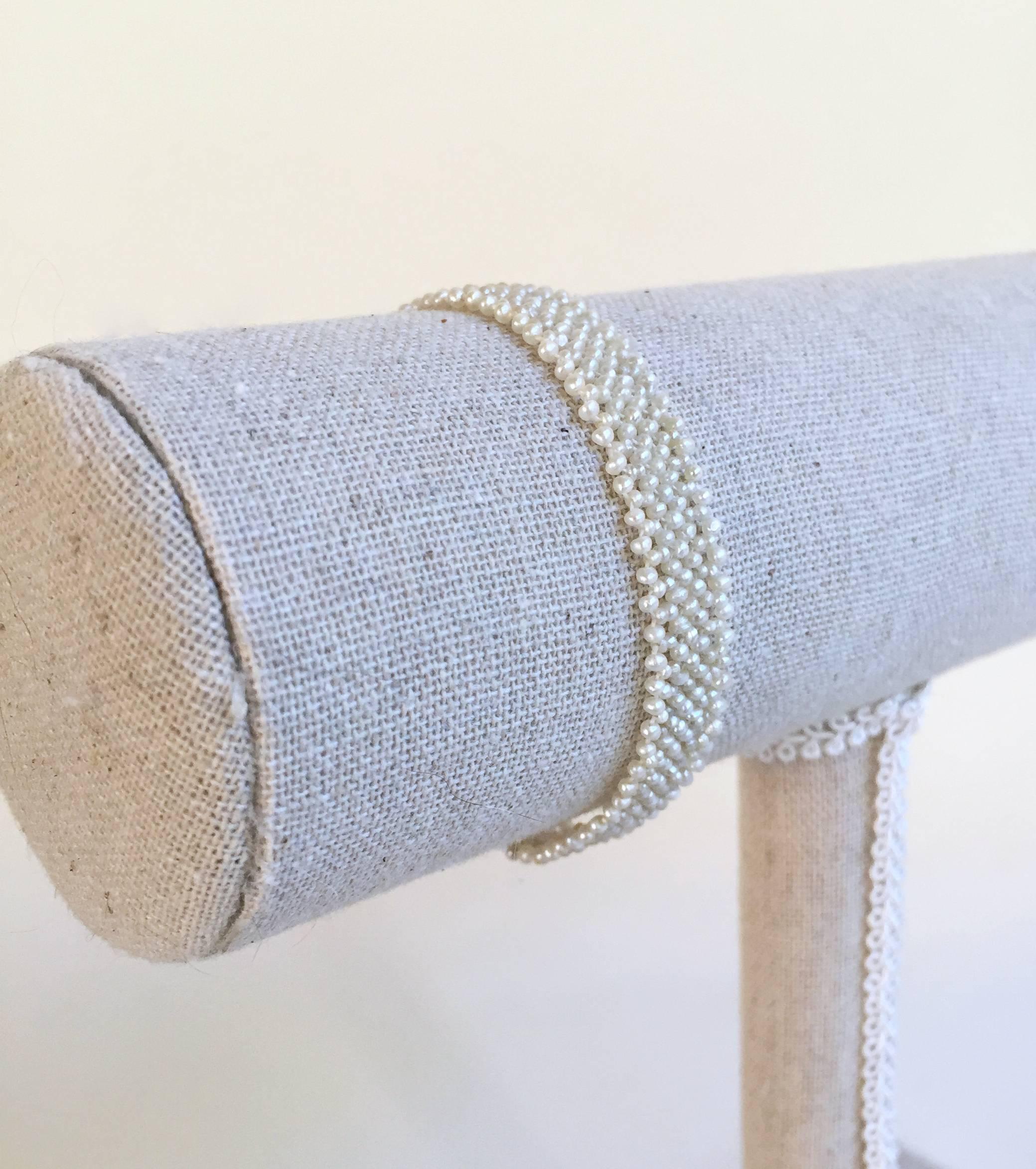 Artist Marina J Woven Seed Pearl Bracelet with Vintage Gold clasp For Sale
