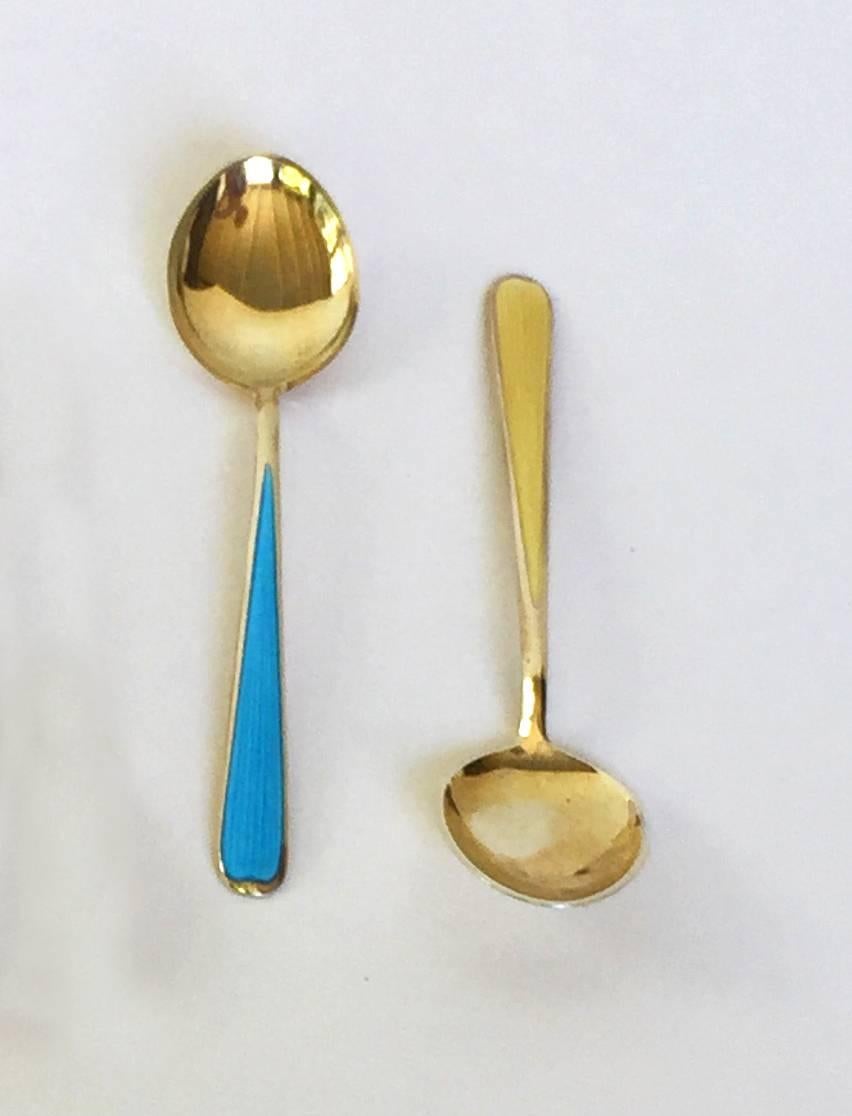 Artist Multi-Color Enameled Norwegian Yellow Gold Plated Sterling Silver Spoon Set
