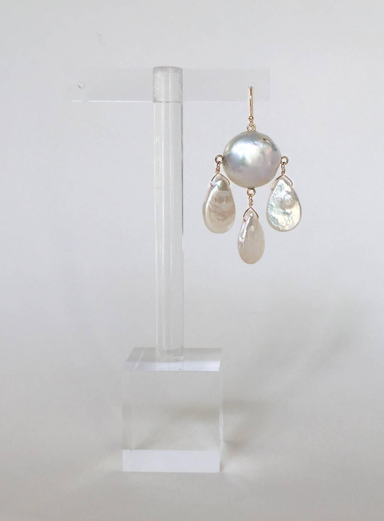 Baroque Pearl Earrings with Three Drop Flat Pearls by Marina J In New Condition In Los Angeles, CA