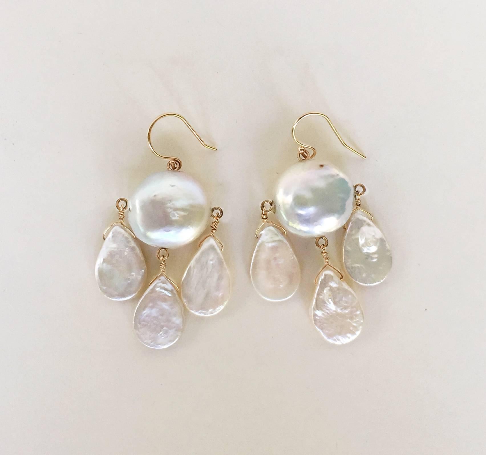 Women's Baroque Pearl Earrings with Three Drop Flat Pearls by Marina J