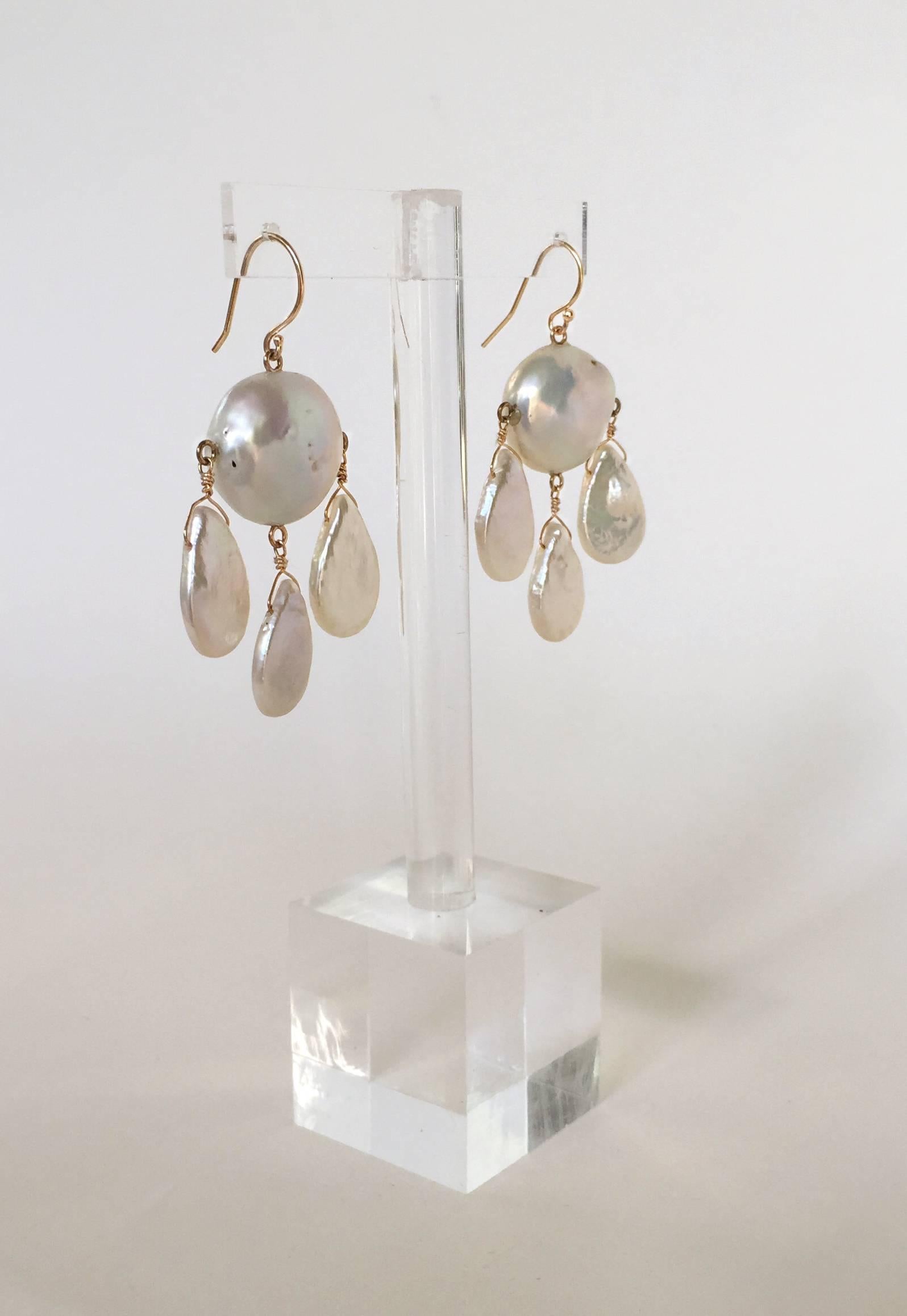 Artist Baroque Pearl Earrings with Three Drop Flat Pearls by Marina J