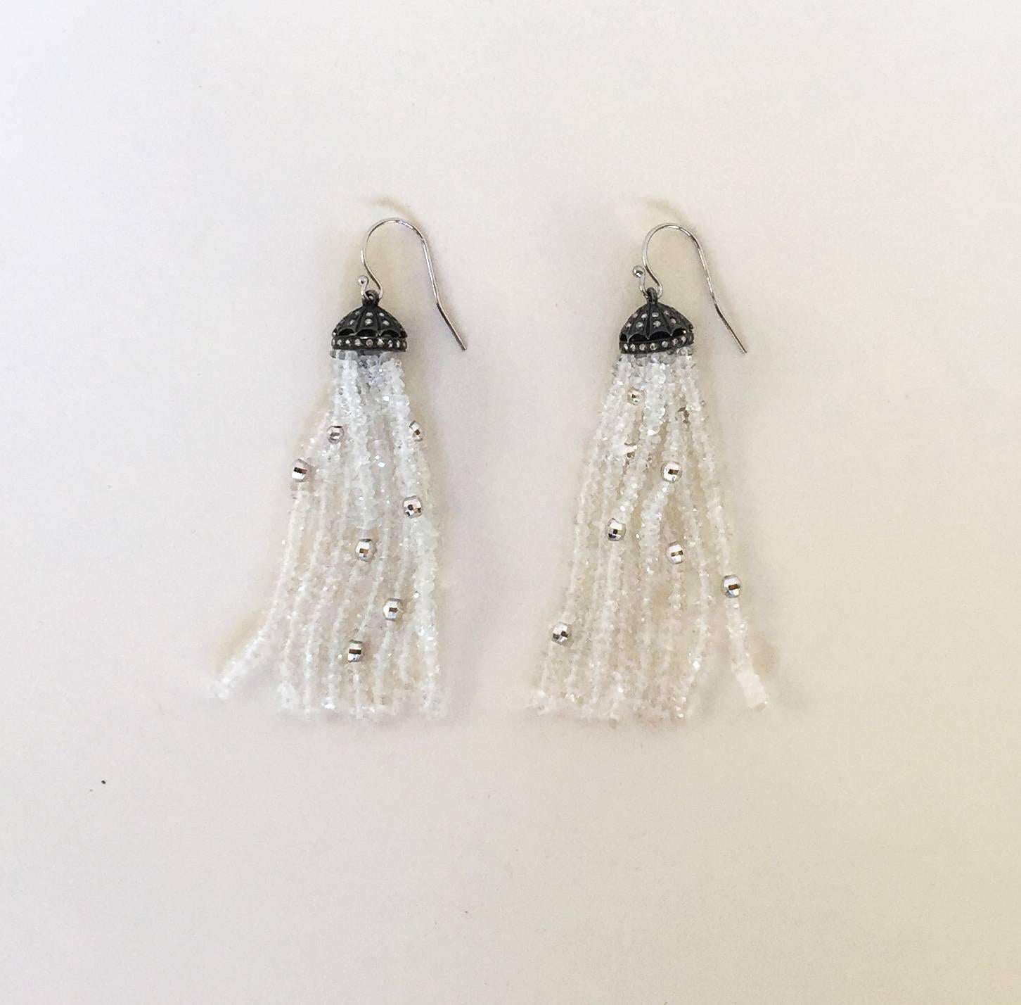 Women's or Men's Silver, Diamond and White Topaz Tassel Earrings