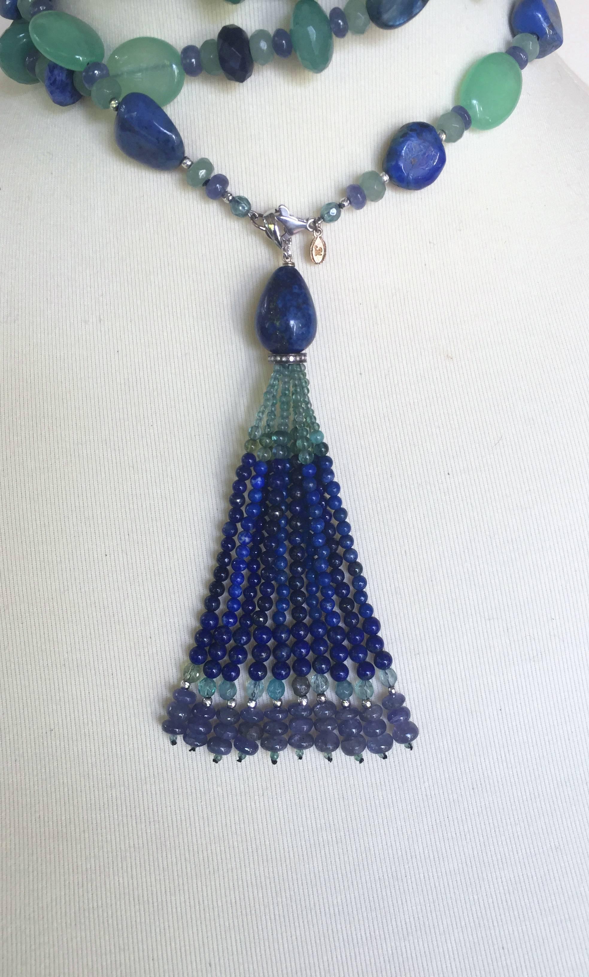 Blue and Green Semi Precious Stone Sautoir with 14 Karat White Gold and Tassel In New Condition In Los Angeles, CA