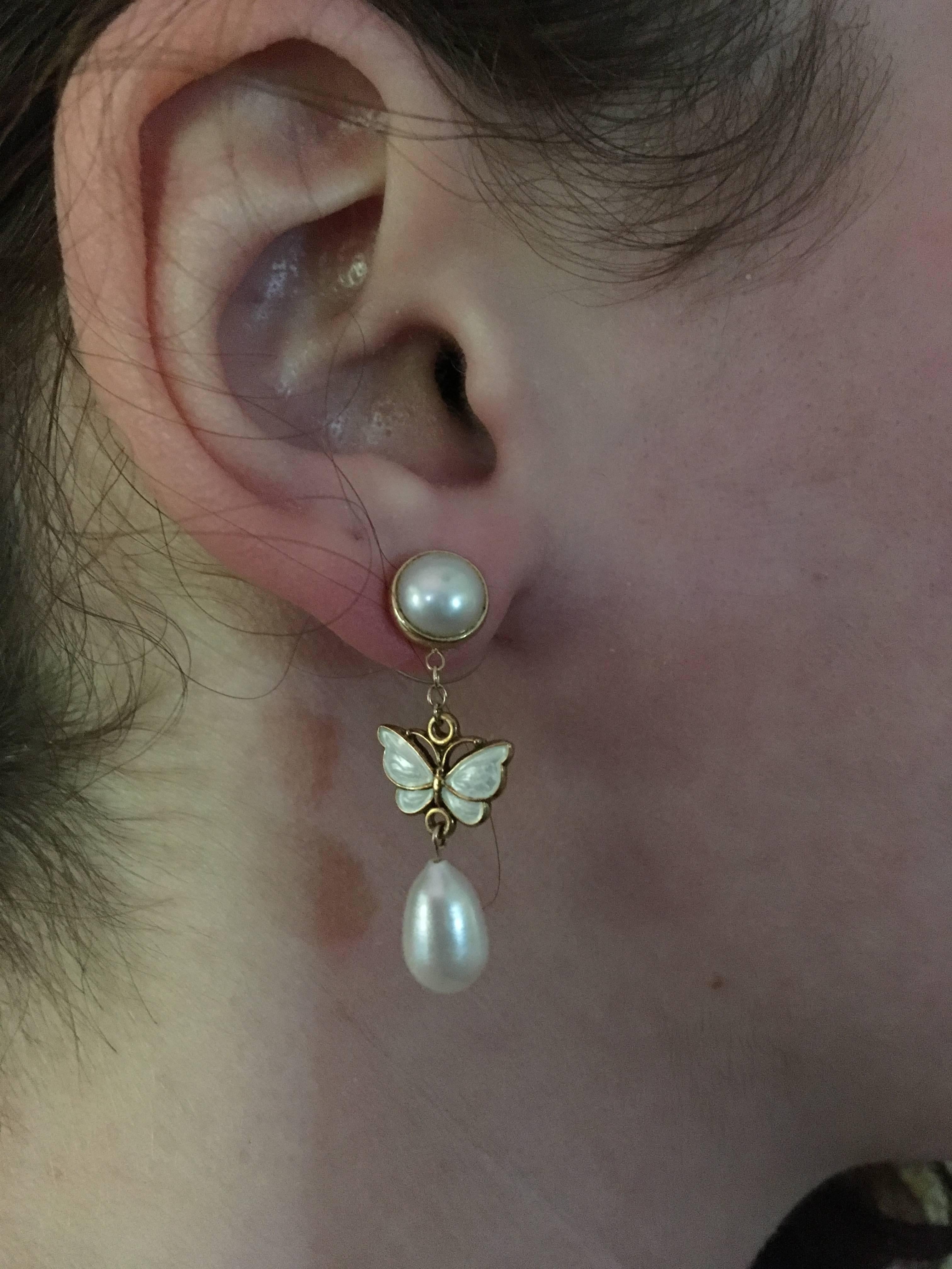 Artist 14 k gold , Pearl and Vintage Enameled Butterfly Earring by Marina J