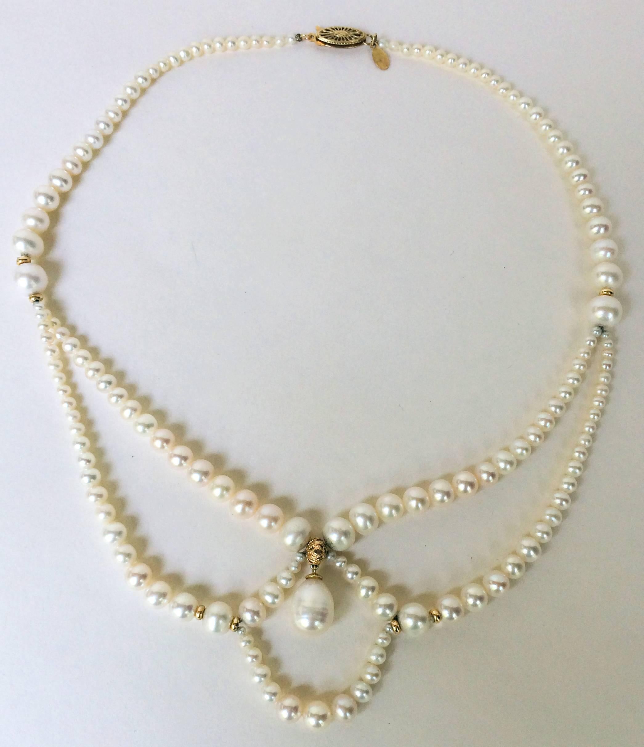 Women's Graduated Pearl Draped Necklace with 14 Karat Gold Beads and Clasp by Marina J