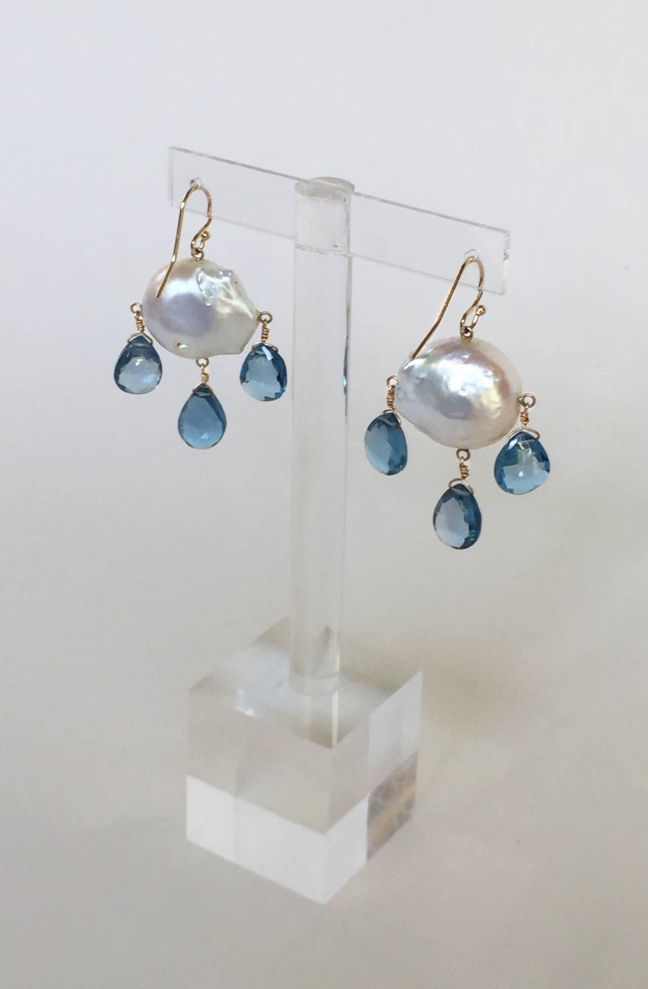 Blue Topaz Drop and Baroque Pearl Earrings In New Condition In Los Angeles, CA