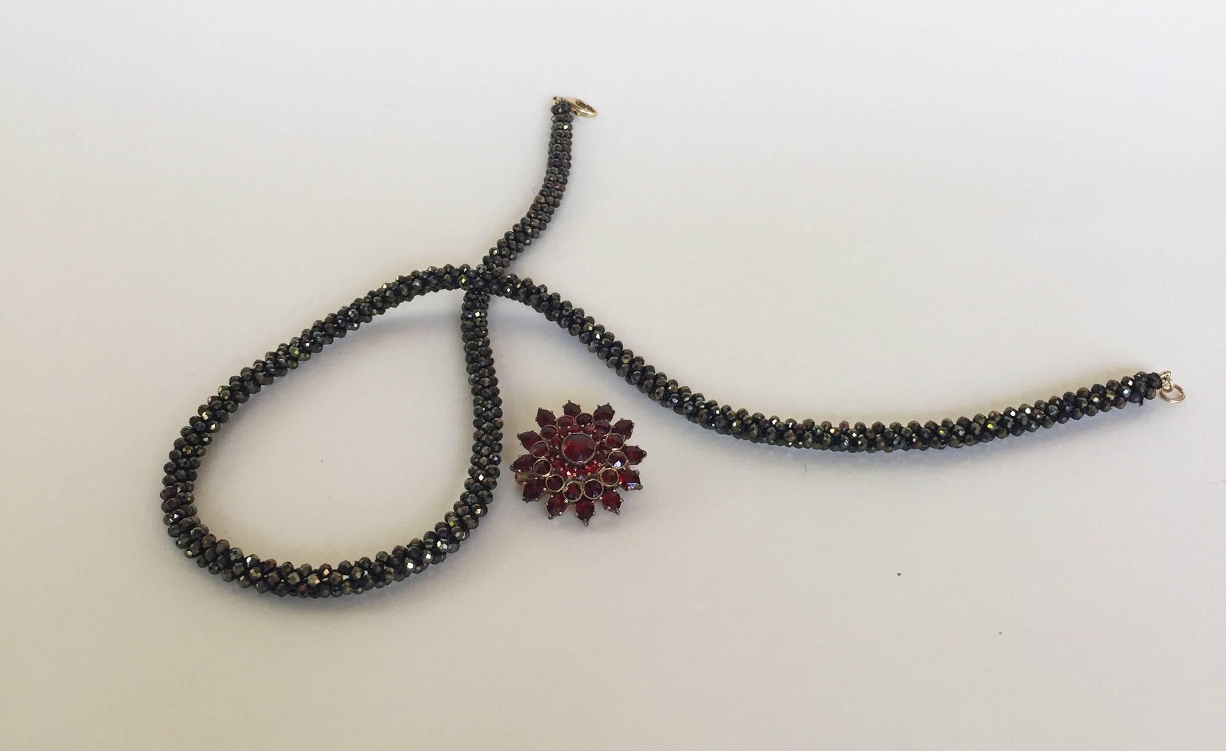 Marina J  Black Spinel Rope Necklace, Garnet Vintage Brooch and 14 K Gold Clasp In New Condition In Los Angeles, CA