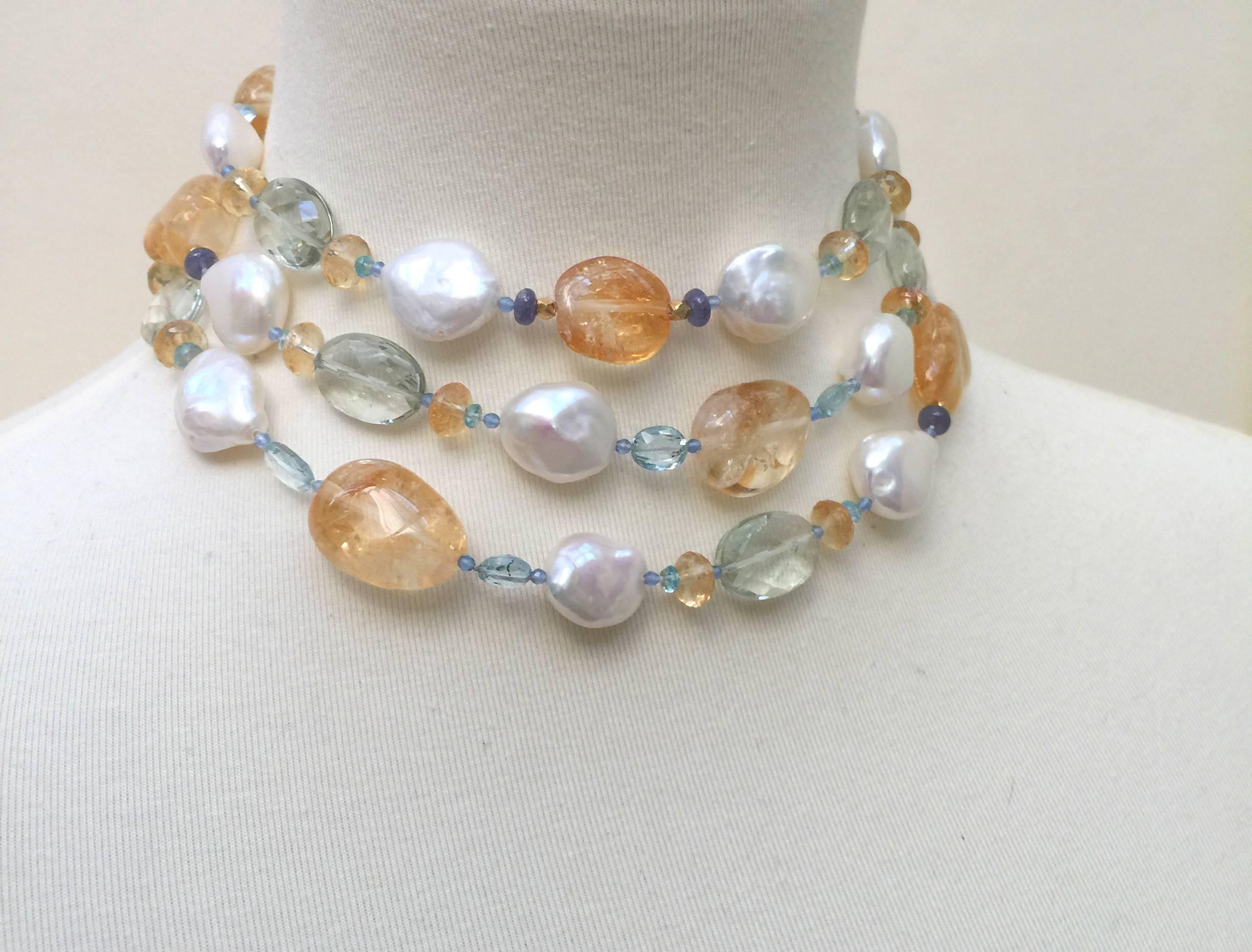 Women's Multi Color Semi-Precious Beads and Pearl Sautoir, 14 K Gold Clasp by Marina J