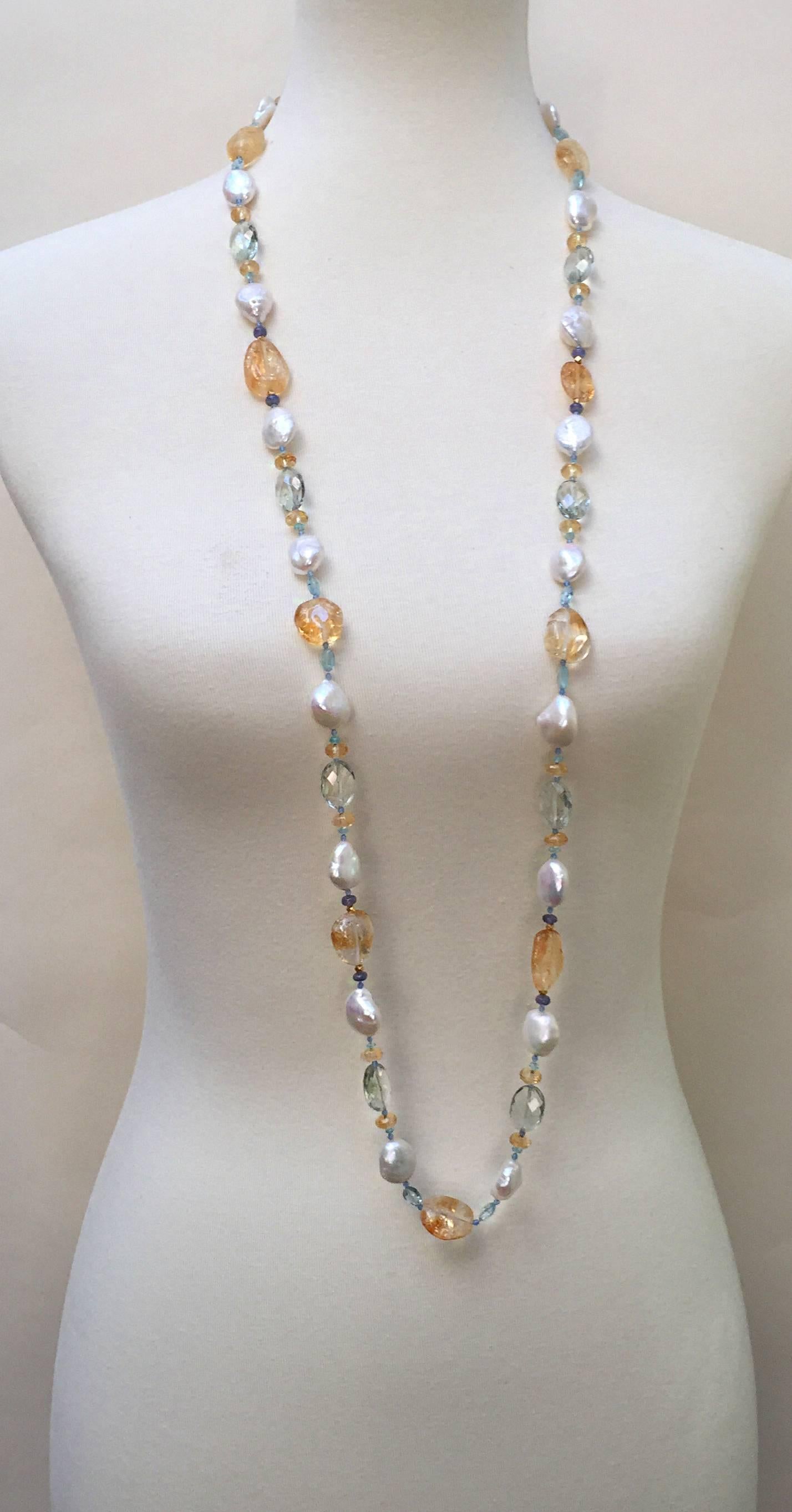 Multi Color Semi-Precious Beads and Pearl Sautoir, 14 K Gold Clasp by Marina J 2