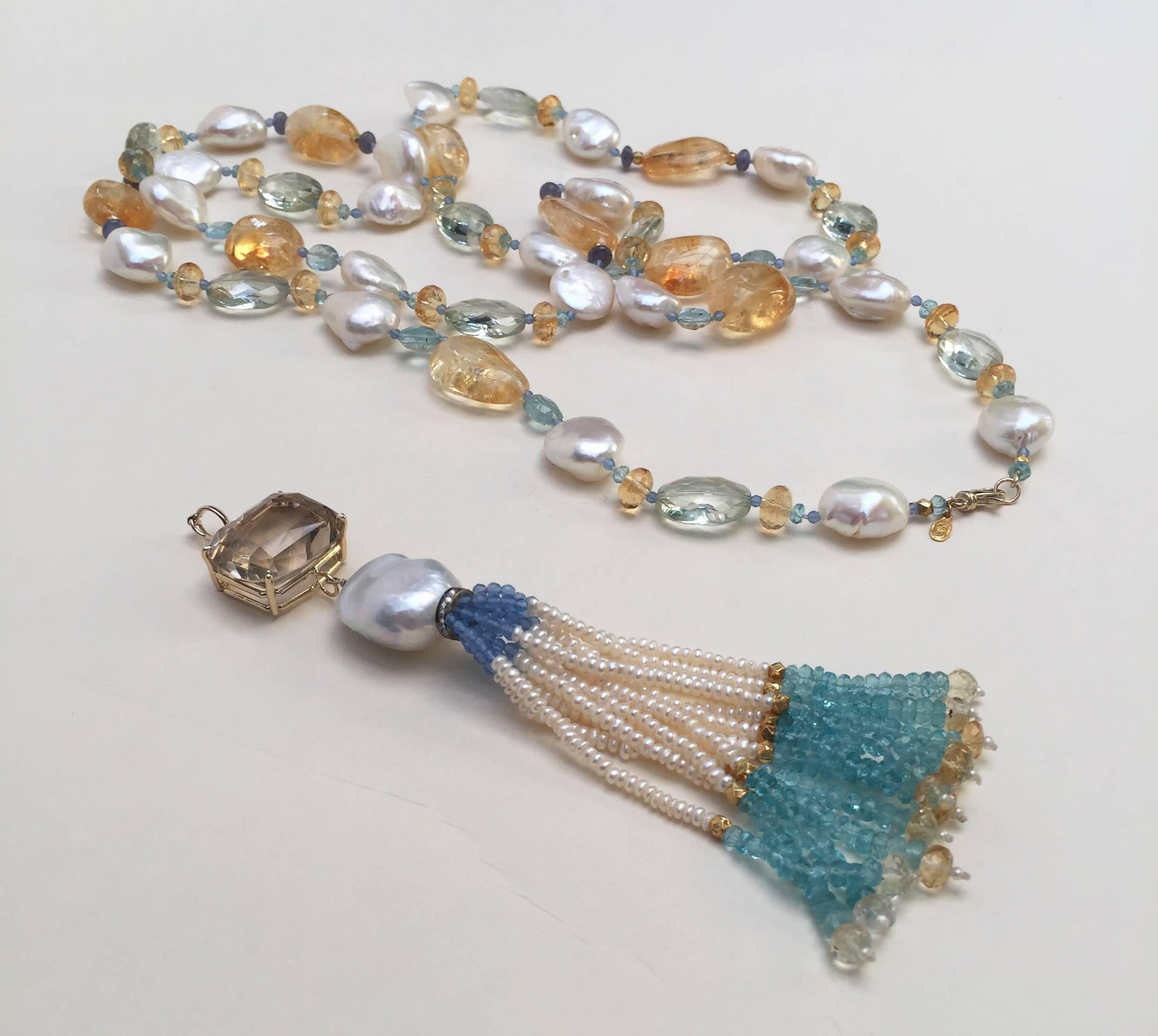 Multi Color Semi-Precious Beads and Pearl Sautoir, 14 K Gold Clasp by Marina J 4