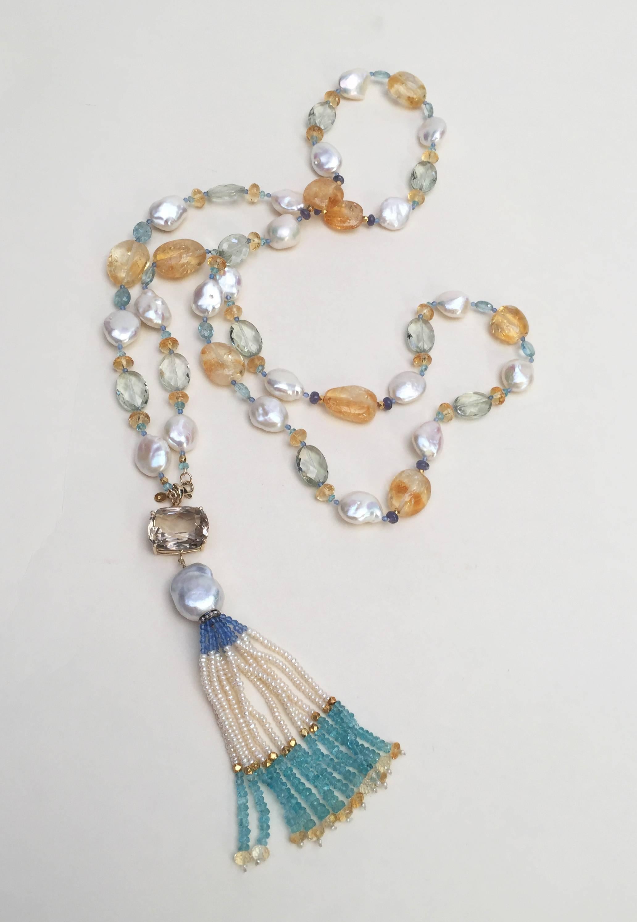 Multi Color Semi-Precious Beads and Pearl Sautoir, 14 K Gold Clasp by Marina J 3