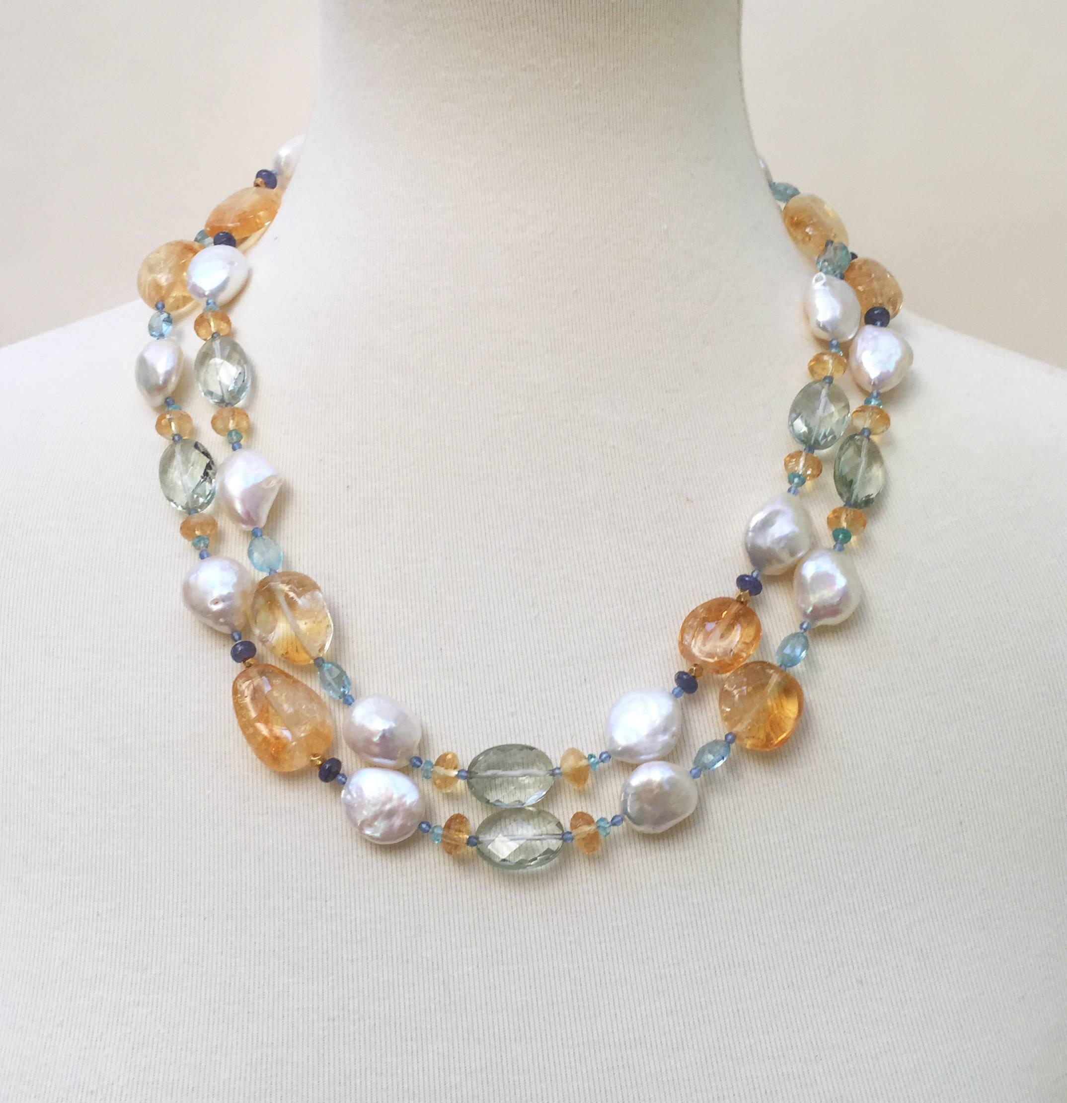 Multi Color Semi-Precious Beads and Pearl Sautoir, 14 K Gold Clasp by Marina J 1