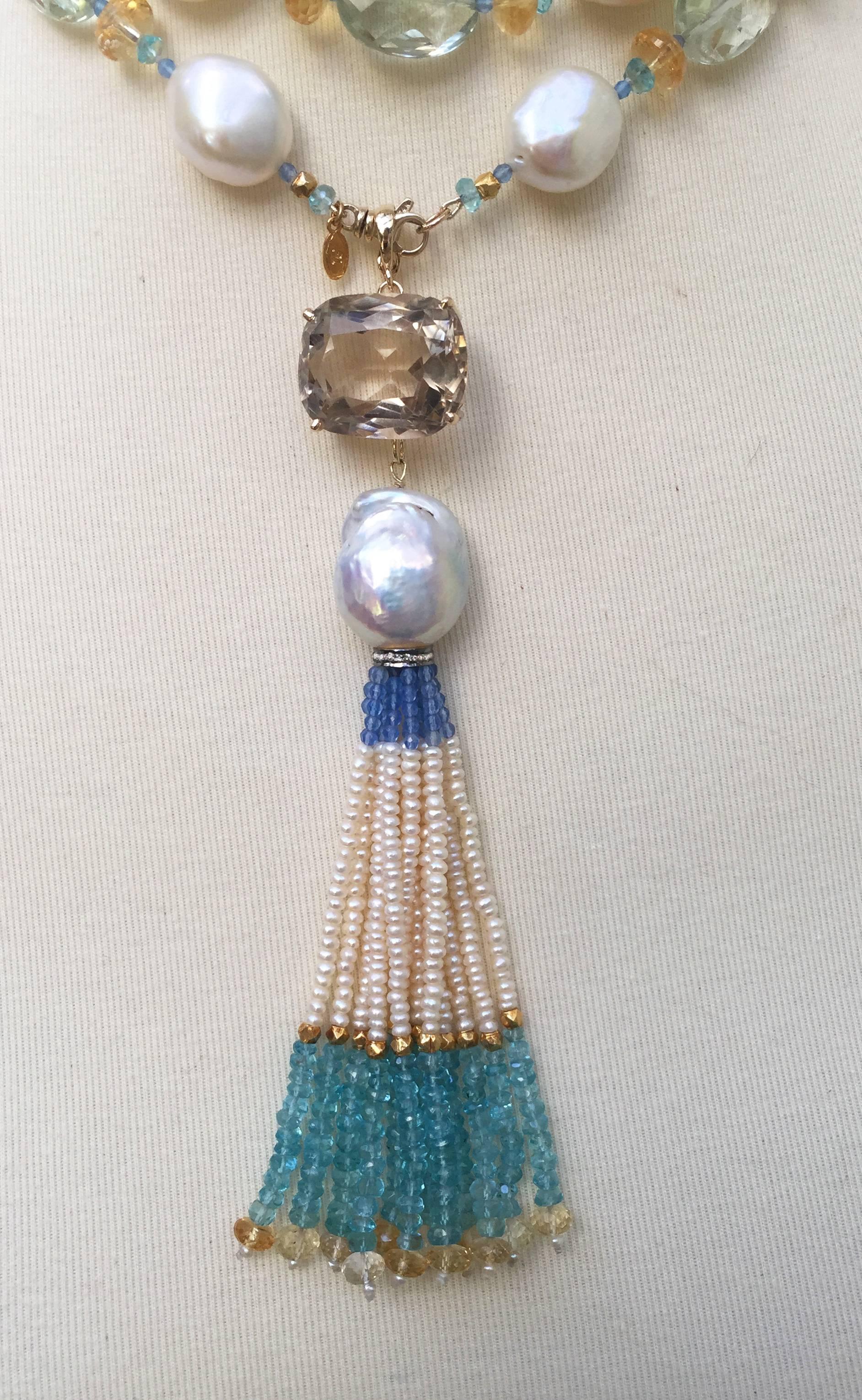 Multi Color Semi-Precious Beads and Pearl Sautoir, 14 K Gold Clasp by Marina J In New Condition In Los Angeles, CA