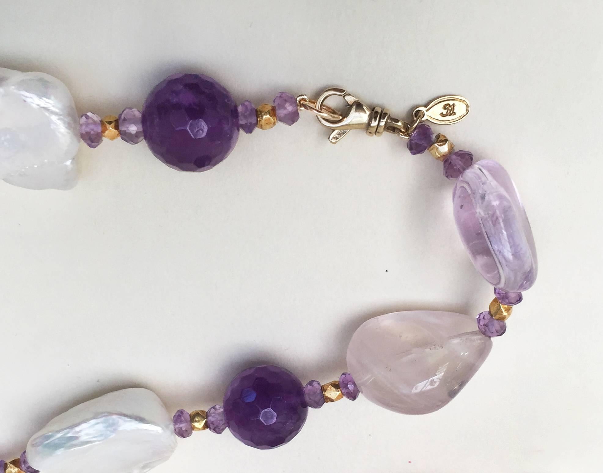Rose Quartz, Amethyst, Pearl Beaded sautoir with Tassel and 14 k Gold Clasp  In New Condition In Los Angeles, CA