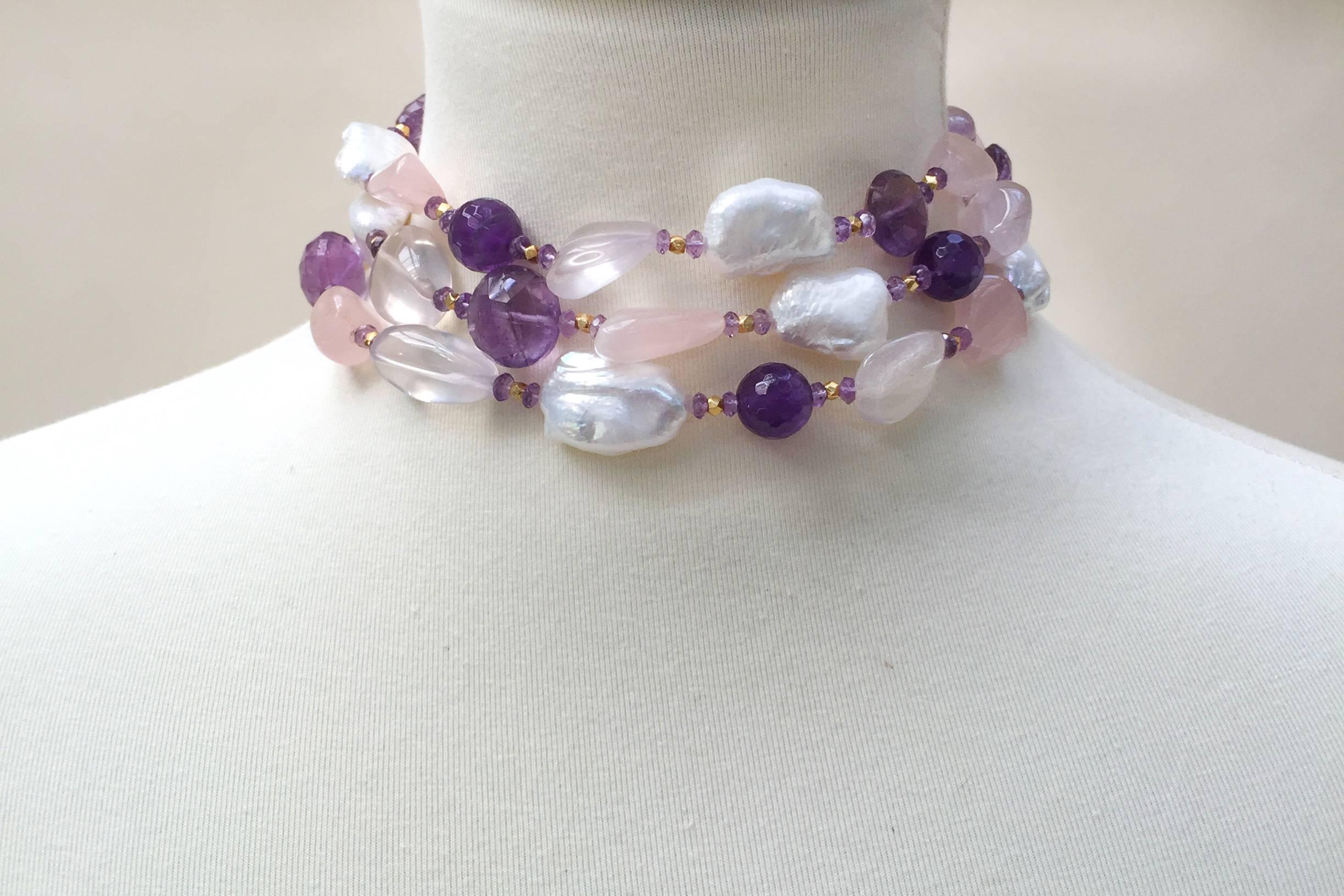 Rose Quartz, Amethyst, Pearl Beaded sautoir with Tassel and 14 k Gold Clasp  1