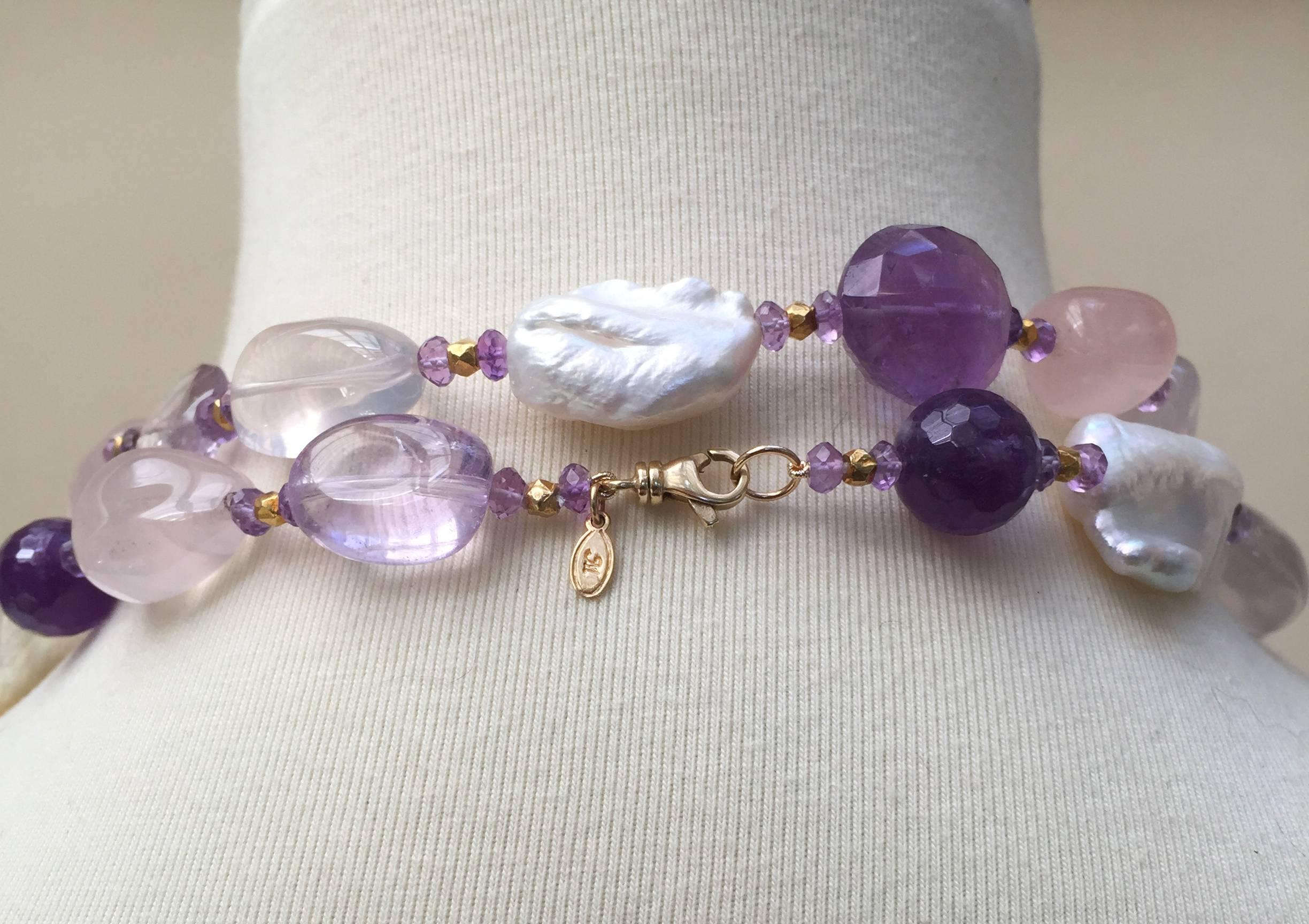 Rose Quartz, Amethyst, Pearl Beaded sautoir with Tassel and 14 k Gold Clasp  3