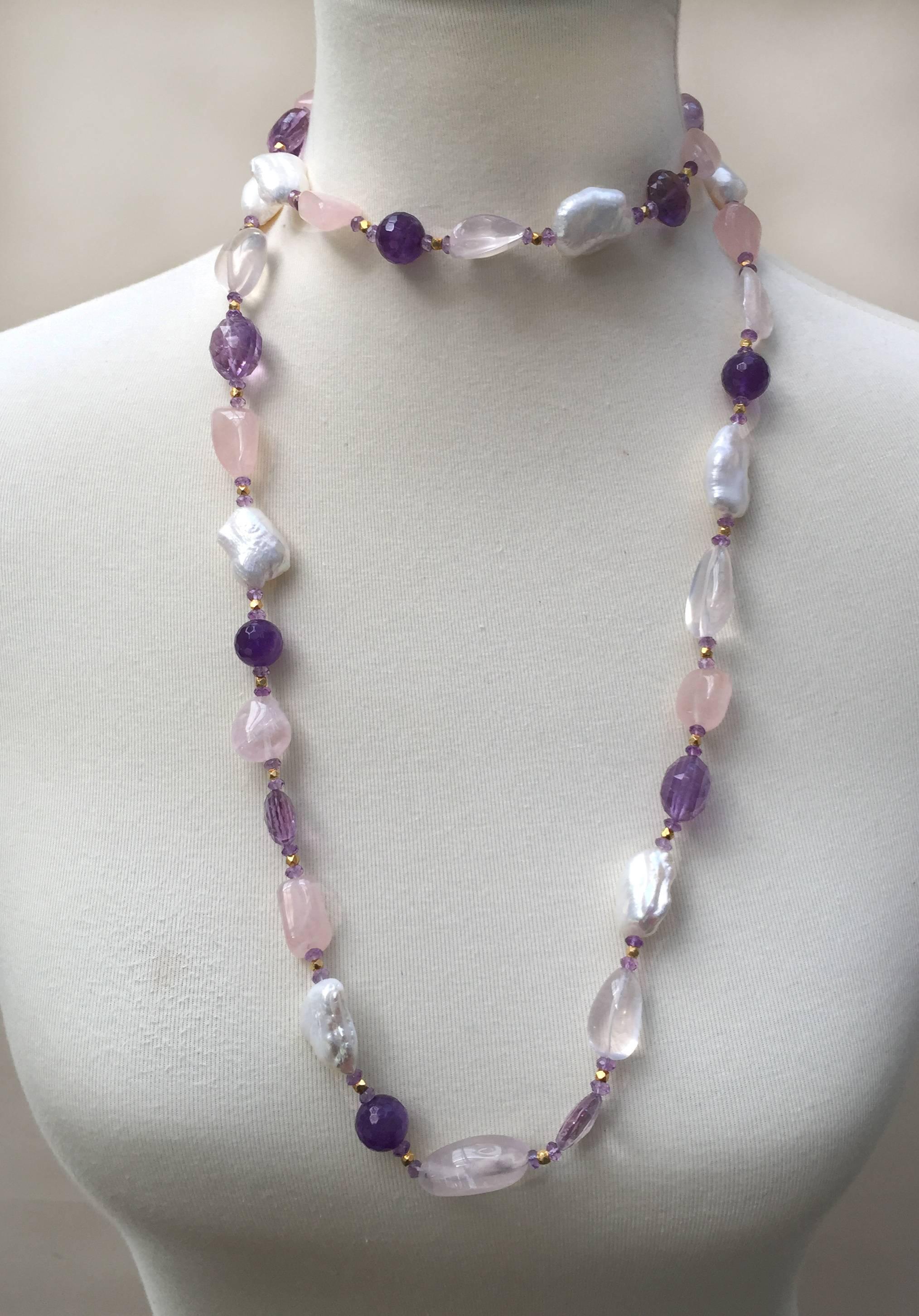 Women's Rose Quartz, Amethyst, Pearl Beaded sautoir with Tassel and 14 k Gold Clasp 