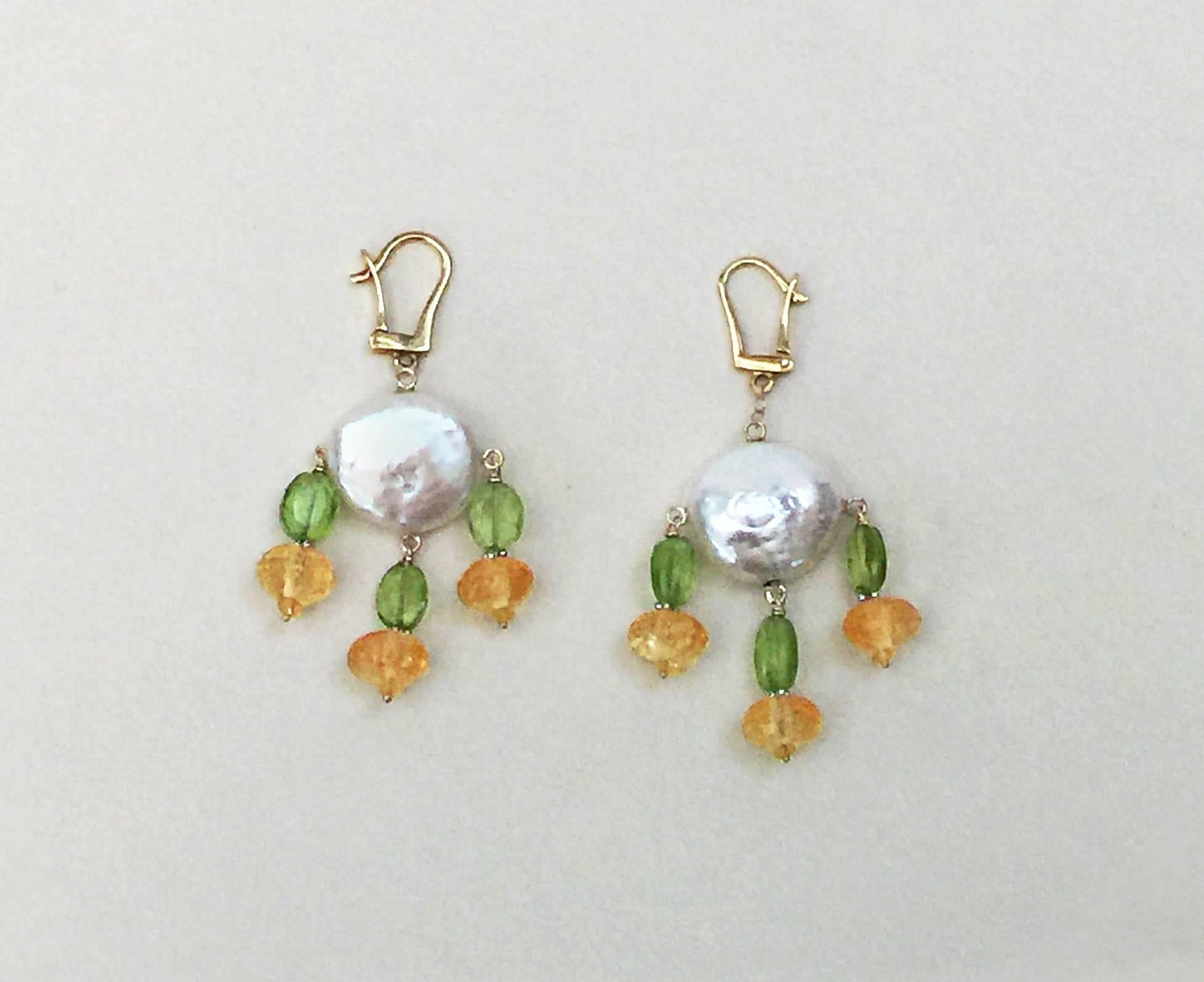 Artist Marina J. Citrine & Peridot Pearl Earrings with 14 Karat Yellow Gold Lever Back