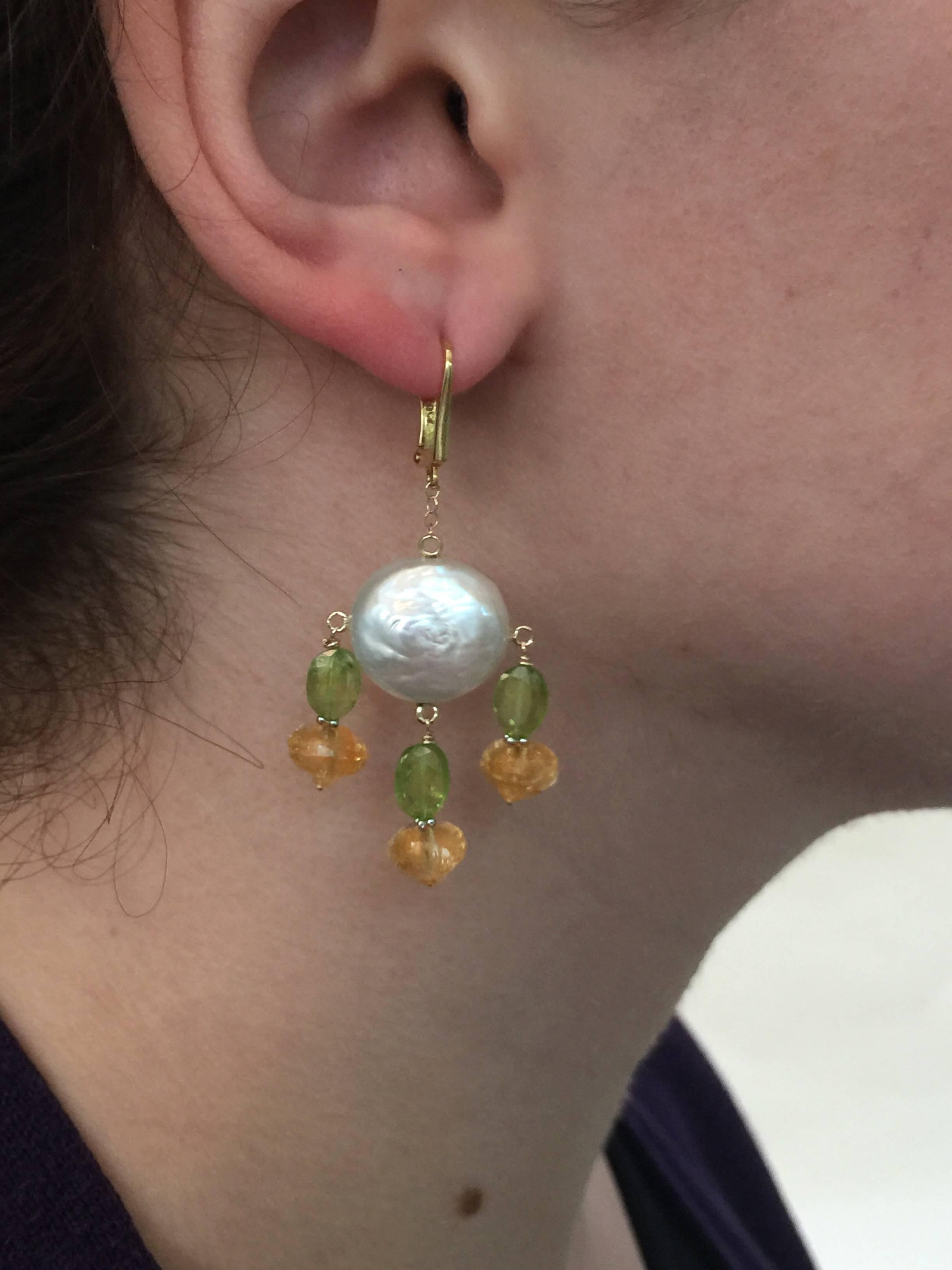 Marina J. Citrine & Peridot Pearl Earrings with 14 Karat Yellow Gold Lever Back In New Condition In Los Angeles, CA