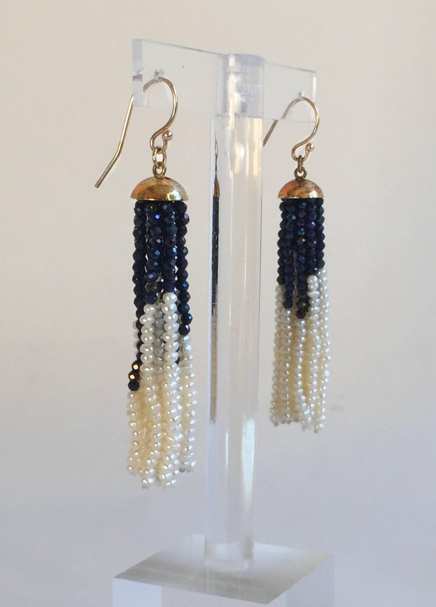 Pearl and Black Spinel Tassel Earrings with 14 Karat Yellow Gold Cup and Hook In New Condition In Los Angeles, CA